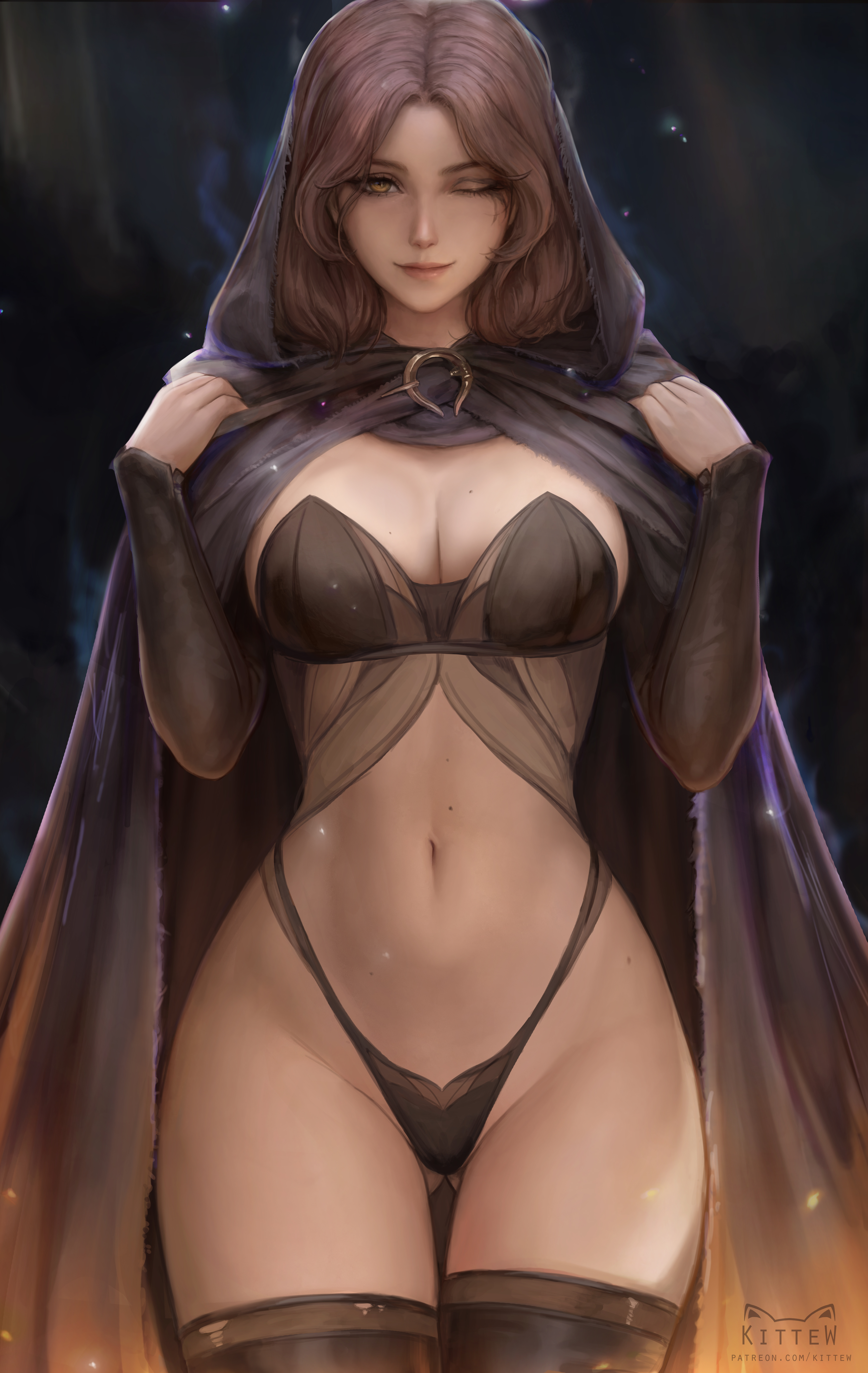 artist name, ass visible through thighs, black cloak, black panties, black thighhighs, breasts, brown eyes, brown hair, cg, cleavage, cloak, closed mouth, cowboy shot, elden ring, female, fromsoftware, hands up, highleg, highleg panties, hood, hooded cloak, kittew, large breasts, lips, long sleeves, looking at viewer, medium hair, melina (elden ring), mole, mole on breast, navel, one eye closed, panties, patreon username, smile, solo, standing, stomach, thigh gap, thighhighs, underwear, web address, yellow eyes
