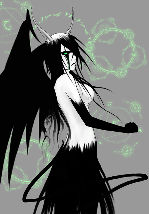 arrancar black_hair bleach breasts espada genderswap_(mtf) green_eyes horns magic_circle release_form resurreccion rule_63 sideboob ulquiorra_cifer white_skin wings