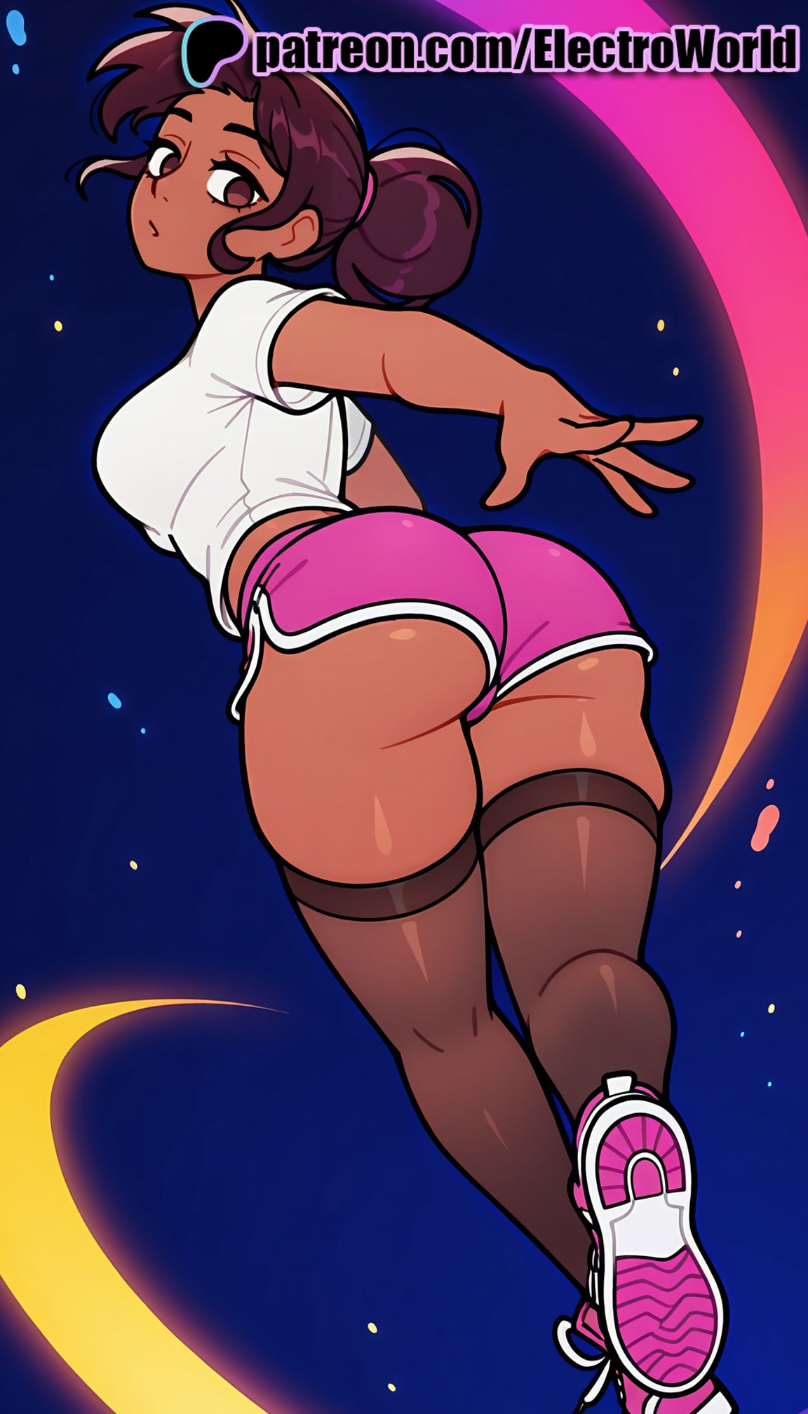 1girls, 2025, ai generated, artist name, ass, brown eyes, brown hair, connie maheswaran, crescent moon, dark skin, dark-skinned female, electroworld, female, full moon, hi res, high quality, high resolution, highres, moon, night, night sky, patreon, patreon username, pink footwear, pink shorts, pink skirt, ponytail, sky, sneakers, solo, stable diffusion, star (sky), starry sky, steven universe, thighhighs, watermark