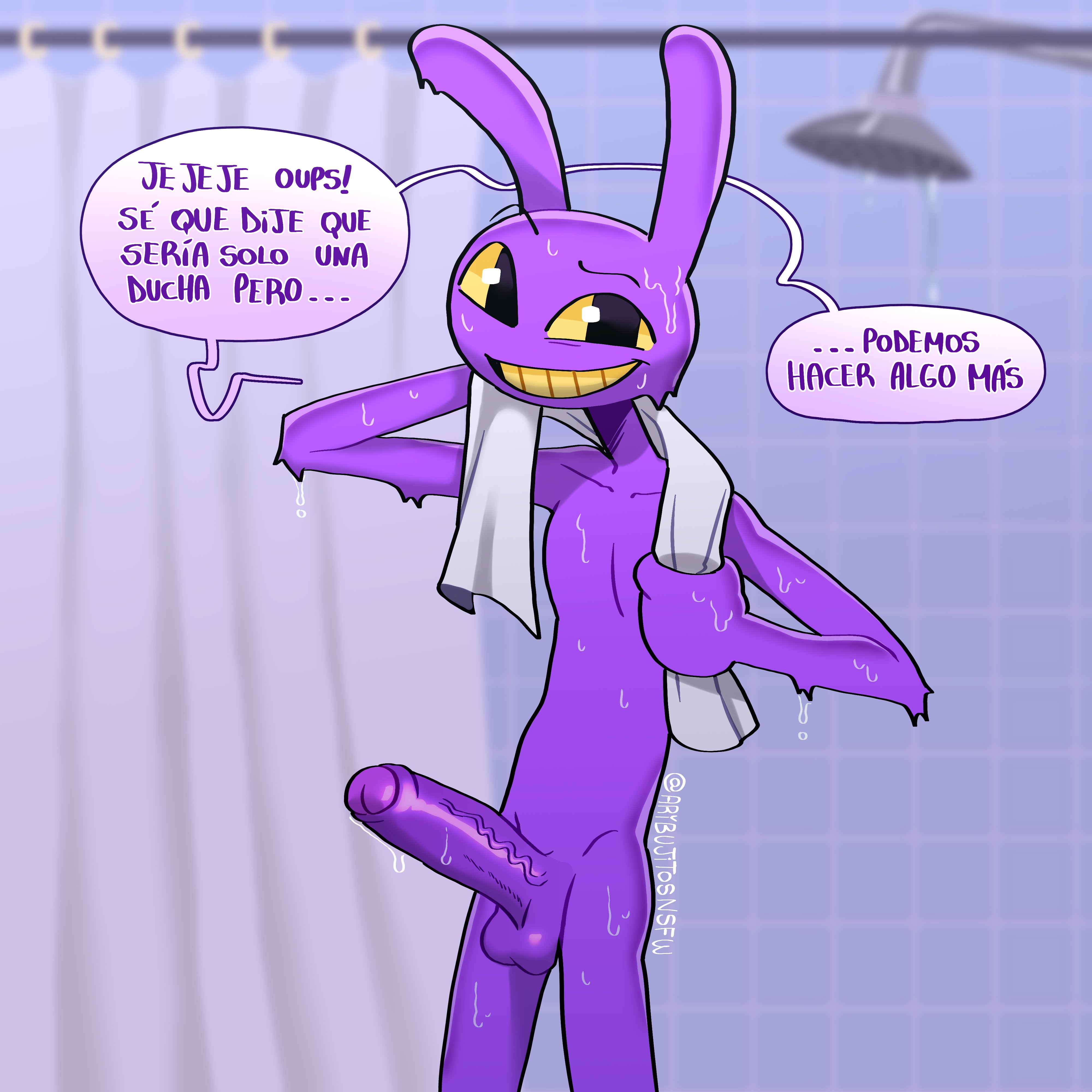 2d, 2d (artwork), after shower, aribujitosnsfw, bunny ears, dialogue, furry, glitch productions, jax (the amazing digital circus), leporid, looking at viewer, male, male only, naked, rabbit, shower, solo, spanish dialogue, spanish text, speech bubble, tagme, talking to viewer, the amazing digital circus, towel, wet