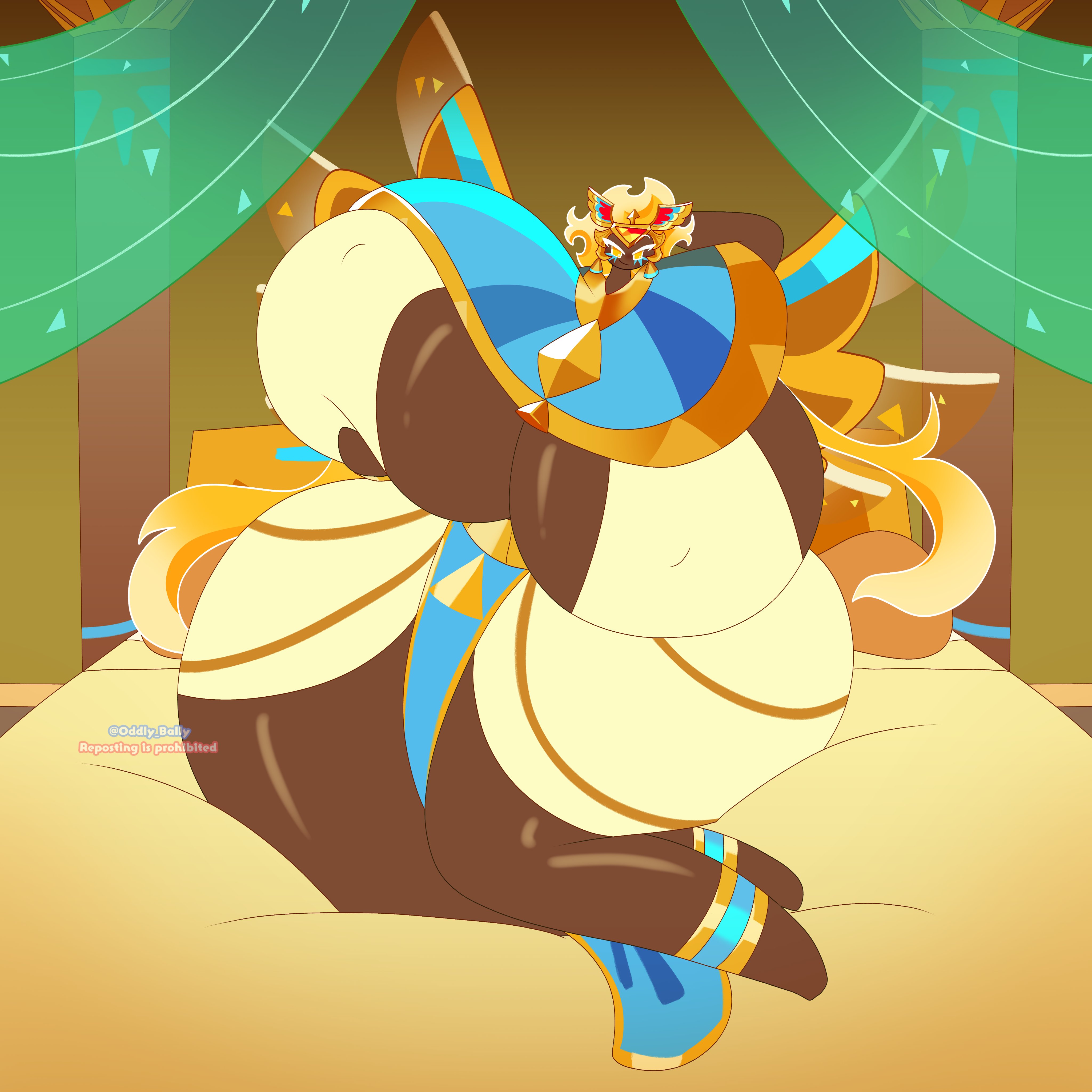artist name, ass, awakened golden cheese cookie, breasts, brown skin, cookie run, cookie run kingdom, egyptian, egyptian clothes, egyptian female, female, gold eyes, gold jewelry, golden cheese cookie, golden eyes, headgear, hourglass figure, hyper, immortal golden cheese cookie, jewelry, oddly bally, queen, royal, royalty, soul jam, tagme, wings, wings on back