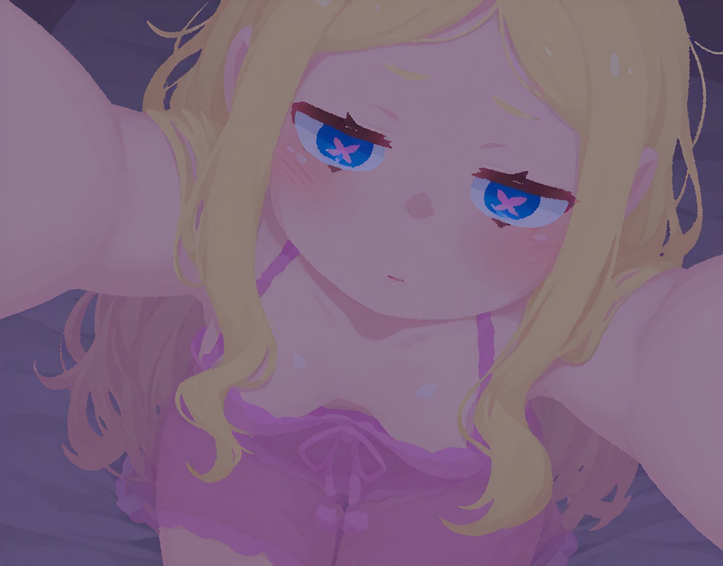 ai assisted, ai generated, babydoll, beatrice (re:zero), blonde hair, blue eyes, blush, breasts, collarbone, cute, downblouse, female, from above, heart, heart-shaped pupils, incoming hug, lingerie, long hair, looking at viewer, medium breasts, negligee, nightgown, on bed, outstretched arms, pov, rawr69, re:zero kara hajimeru isekai seikatsu, reaching, reaching towards viewer, see-through, sitting, solo, symbol-shaped pupils, thigh gap, underwear