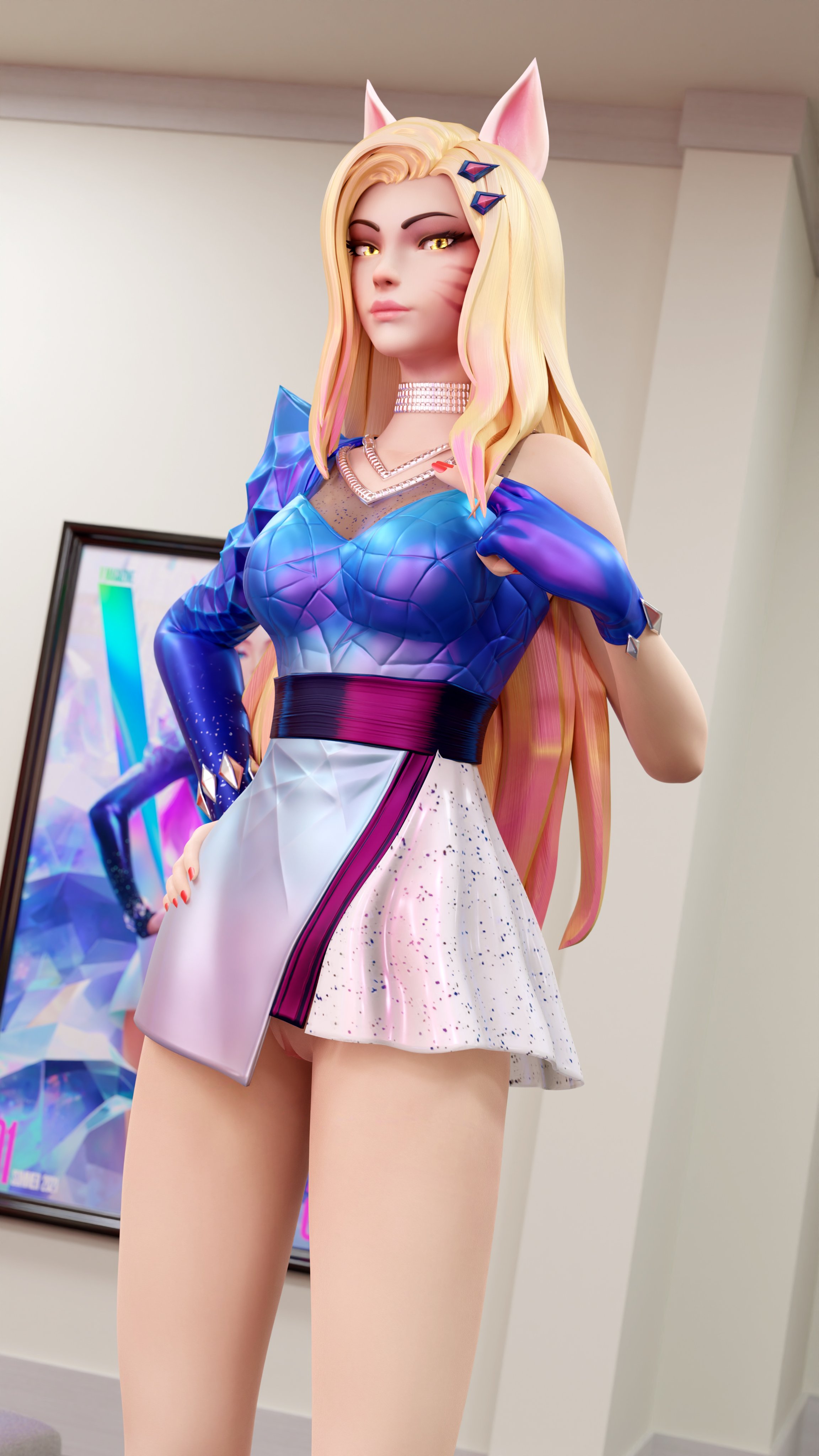 1girls, 2023, 3d, 9 tails, ahri, belly, blue eyes, breasts, cat ears, cat eyes, choker, dress, facial markings, female, female only, fit, fit female, fox ears, guidugalle, guimontag, jewelry, k/da ahri, k/da all out ahri, k/da all out series, k/da series, league of legends, long legs, makeup, memz3d, multi tail, nine tailed fox, pinup, skirt, solo, thigh strap, thighs, uniform, vastaya, whisker markings