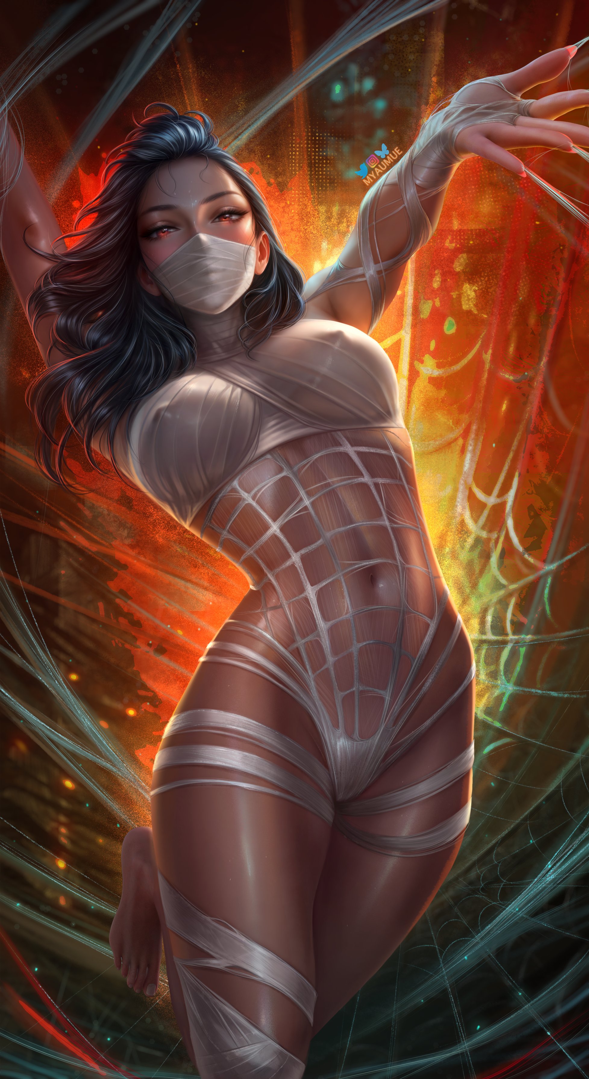 asian female, breasts, cameltoe, cindy moon, female, long hair, marvel, marvel comics, masked female, medium breasts, myaumue, nipples visible through clothing, silk (marvel), spider-man (series)