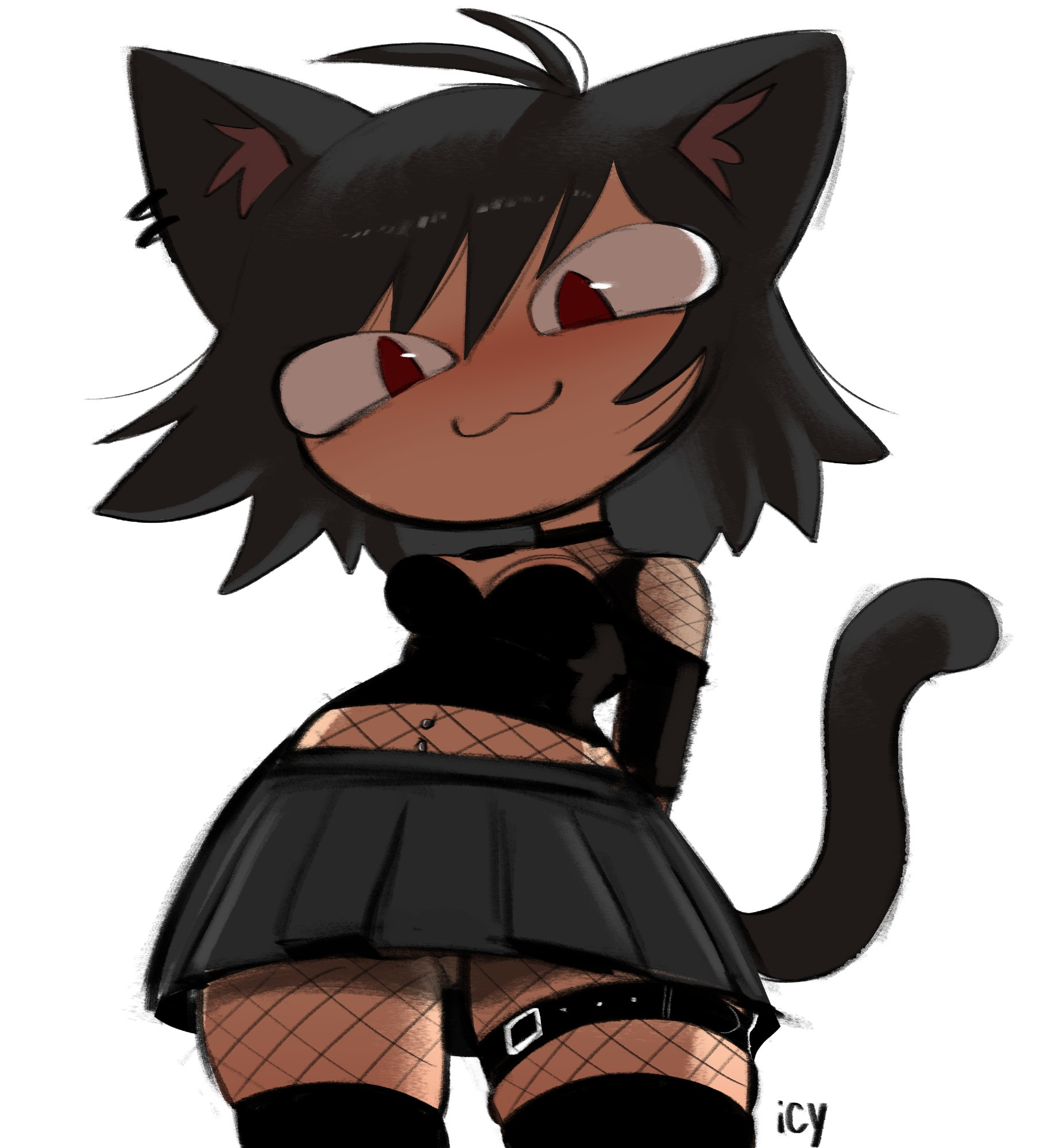 :3, 1girls, 2d, big eyes, black hair, breasts, cat ears, cat girl, cat tail, clothed, clothing, female, fishnet clothing, fishnets, garter, goth, goth neco-arc, hands behind back, iseenudepeople, looking down, melty blood, neco spirit, neco-arc, piercing, sfw, skirt, solo, solo female, tail, thick thighs, thighhighs, thighhighs over fishnets, thighs, tsukihime