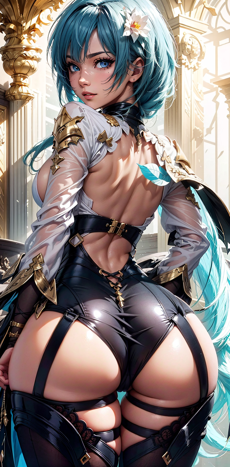 ai generated, ass, blue eyes, blue hair, eula (genshin impact), female, from behind, genshin impact, hair ornament, looking at viewer, short hair, solo, stable diffusion, thighhighs