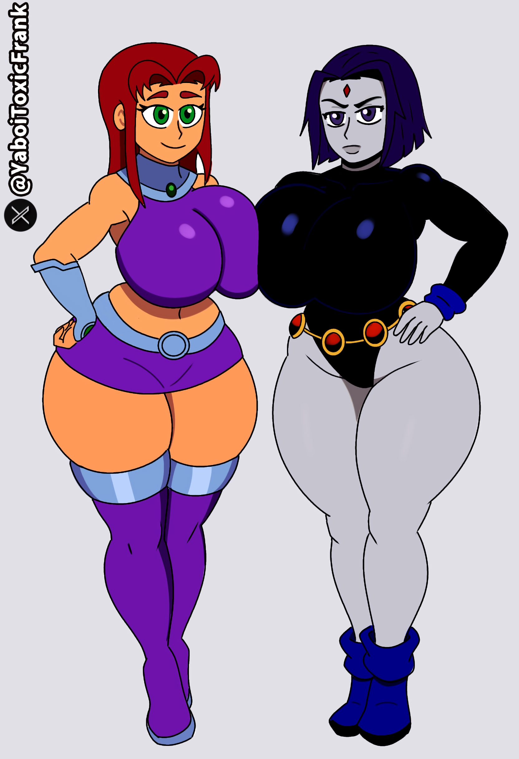 2d, 2girls, alien girl, alternate breast size, breast to breast, breasts, dc, dc comics, demon girl, female, female only, goth, green eyes, grey body, hand on hip, huge breasts, huge thighs, looking at viewer, multiple females, multiple girls, purple clothing, purple eyes, purple hair, rachel roth, raven (dc), red hair, self upload, signature, smiling at viewer, starfire, teen titans, thick legs, thick thighs, tight clothing, voluptuous, warner brothers, yaboitoxicfrank