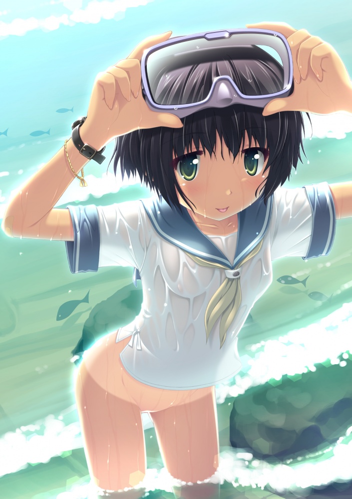 1girls black_hair bottomless bracelet copyright_request fish goggles green_eyes no_panties ocean sailor_uniform school_uniform short_hair short_hair_female simk solo tan tanline tongue watch wet wet_clothes