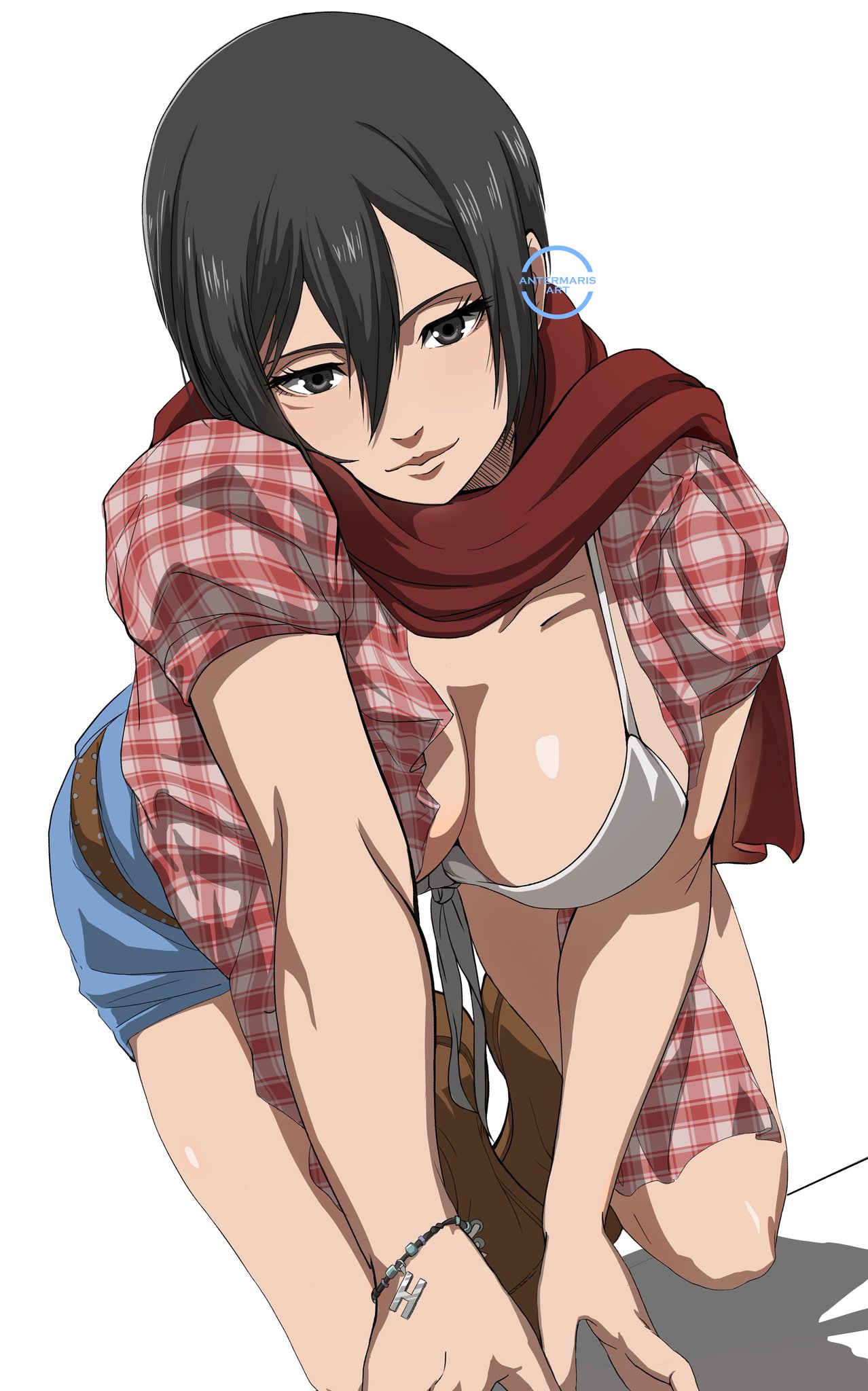 1girls, alluring, antermaris, artist logo, artist name, artist signature, asian, asian female, attack on titan, bikini, bikini top, bracelet, cosplay, cowgirl outfit, denim shorts, farmgirl, female, kwon eun-bi, kwon eun-bi (cosplay), looking at viewer, mikasa ackerman, scar on cheek, scar on face, scar under eye, scarf, seductive, short hair, short-haired female, shorts, solo, solo female, tagme, wasian girl, waterbomb, white background