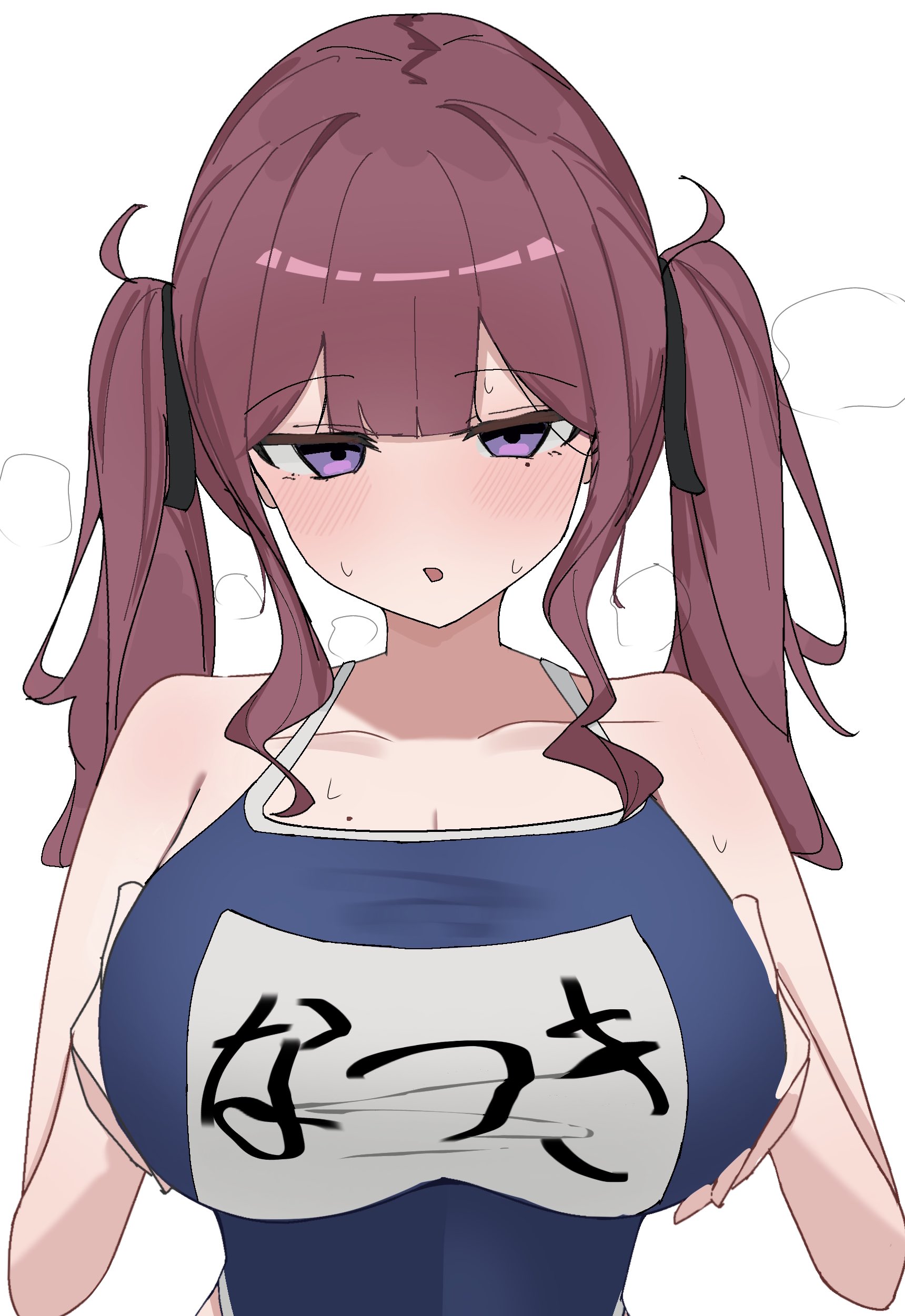 1girls, 2025, bare shoulders, blush, breast grab, breasts, cevio, female, female only, hi res, huge breasts, looking at viewer, narukami numari, natsuki karin, open mouth, ponytail, purple eyes, purple hair, simple background, solo, sweat, sweatdrop, swimsuit, white background