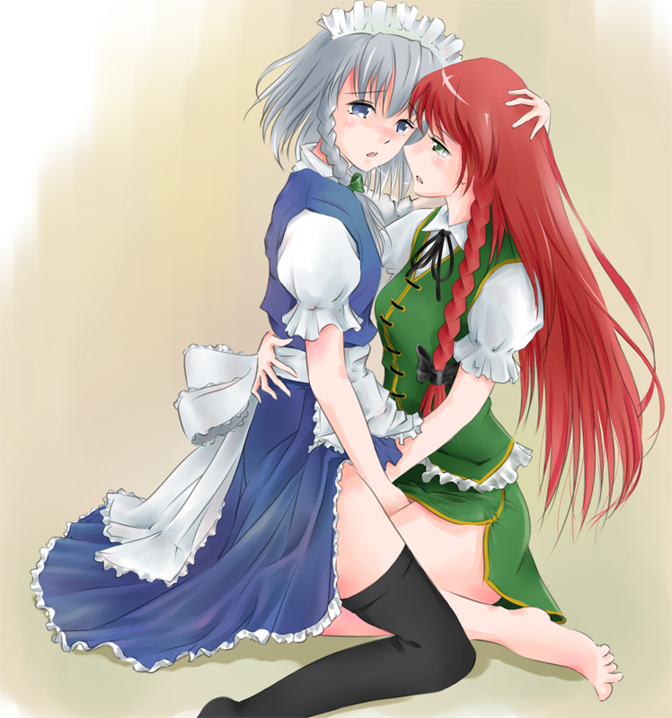 2girls after_kiss bad_feet barefoot black_legwear black_thighhighs blue_hair braid brown_background china_dress chinadress chinese_clothes feet female fenderu fingering hong_meiling hug long_hair maid maid_uniform multiple_girls mutual_fingering red_hair sakuya_izayoi saliva saliva_trail short_hair silver_hair the_embodiment_of_scarlet_devil thighhighs touhou yuri