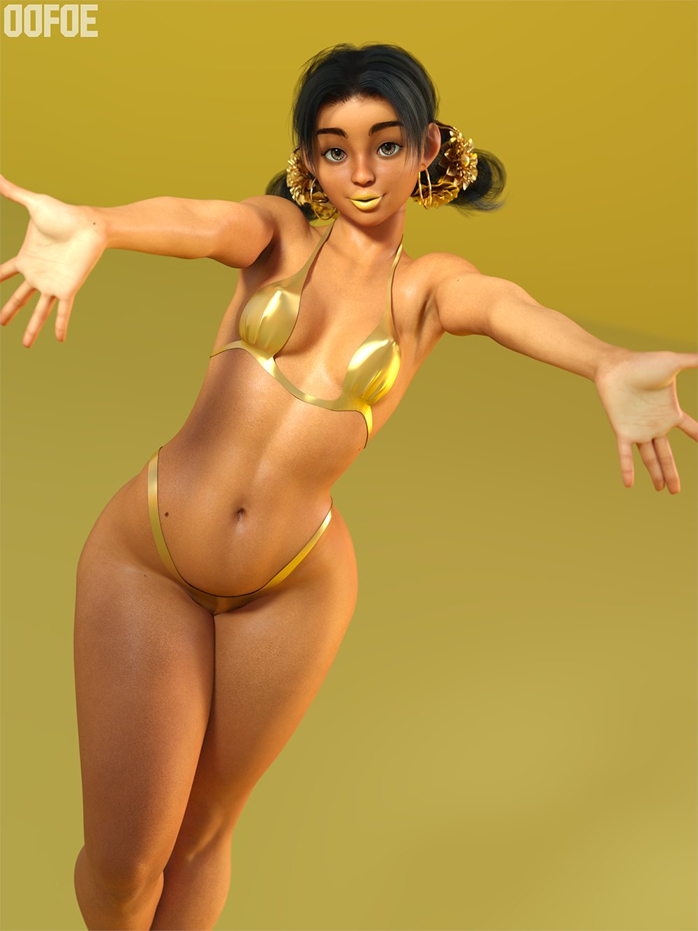 1girls, 3d, 3d (artwork), bikini, black hair, breasts, capcom, dark skin, dark-skinned female, female, female only, gold bikini, golden week, latina, lily hawk, native american, oofoe, petite, skimpy, small breasts, solo, street fighter, street fighter 6, wide hips, yellow lipstick