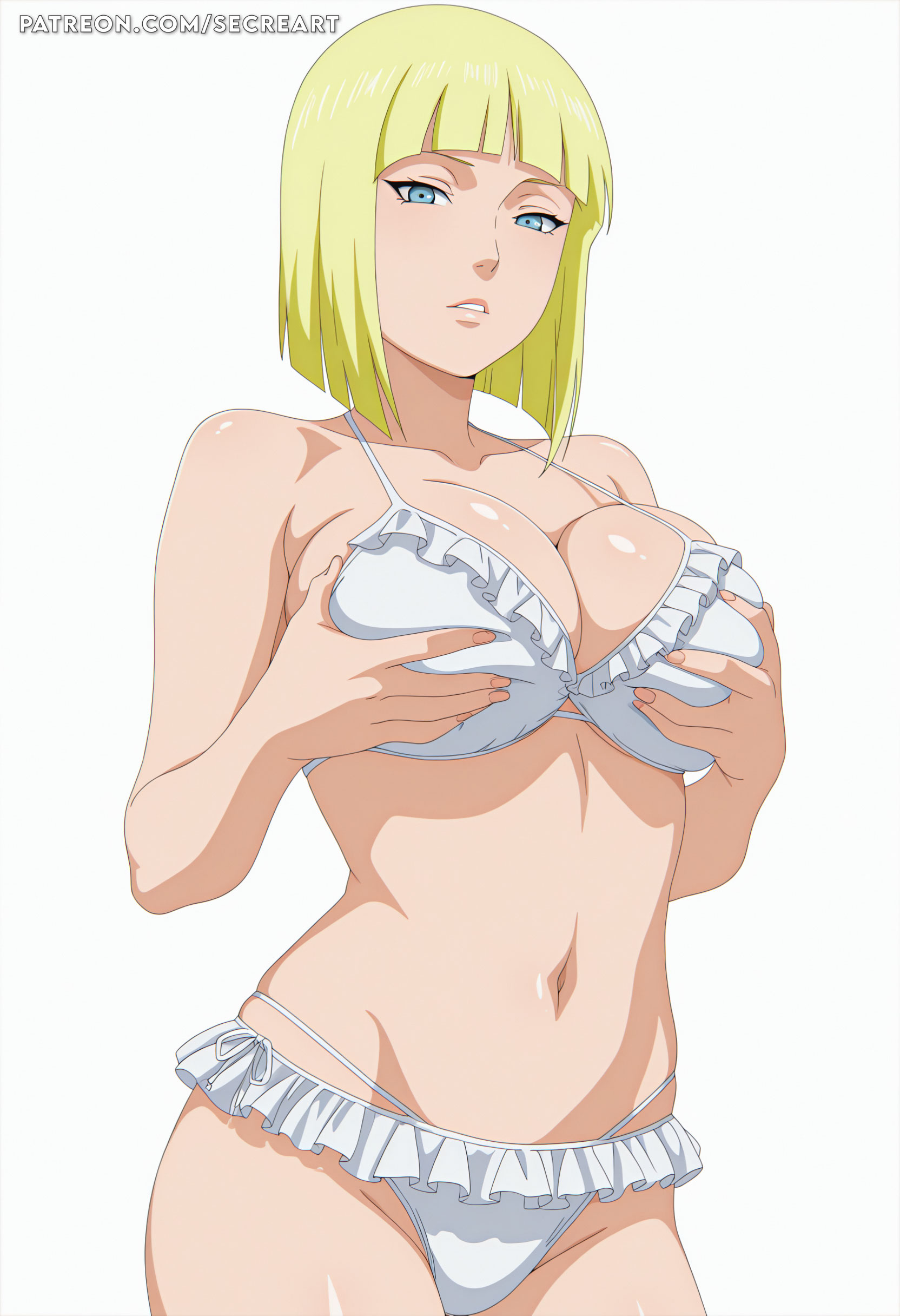 1girls, ai generated, bare arms, bare legs, bare midriff, bare shoulders, bare thighs, big breasts, bikini, bikini bottom, bikini top, blonde hair, blue eyes, blunt bangs, blush, bob cut, breast grab, breasts, breasts bigger than head, busty, clavicle, cleavage, collar, collarbone, expressionless, female, female only, front view, grabbing own breast, highleg, highleg bikini, horizontal navel, huge breasts, large breasts, light skin, light-skinned female, mature, mature female, midriff, naruto, naruto (series), naruto shippuden, navel, oblique edge, oppai, pinup, revealing swimsuit, sagging breasts, samui, secreart, short hair, skimpy, skimpy bikini, solo, solo focus, swimsuit, tagme, thick thighs, thighs, upper body, voluptuous, voluptuous female, watermark, web address, yellow hair