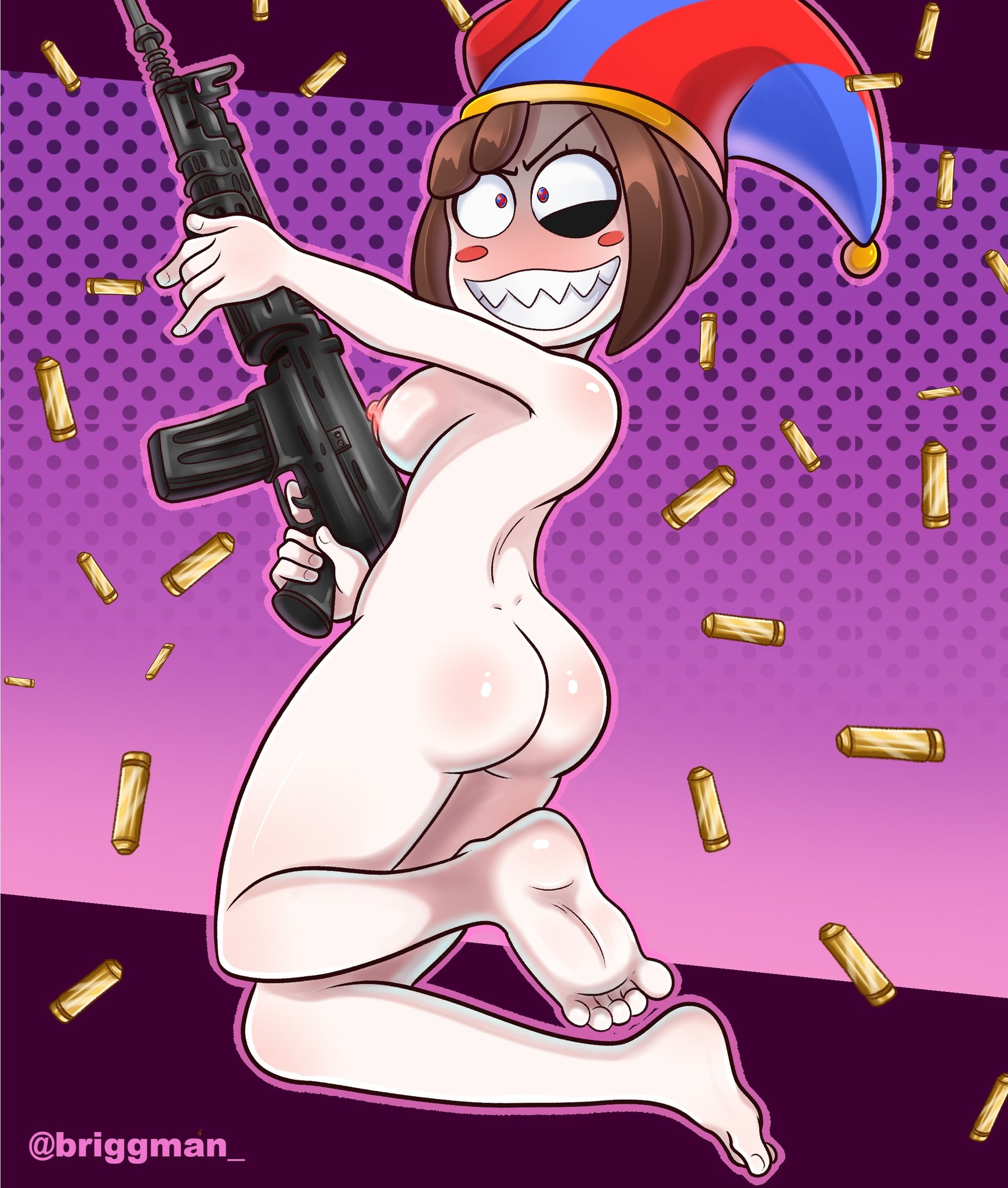 1girls, 5 fingers, ass, ass up, back view, barefoot, blush, briggman, brown hair, bubble ass, bubble butt, bullet, bullets, casual, completely nude, completely nude female, crazy smile, episode 6, female, female focus, female only, firearm, footwear, full body, glitch productions, gun, guns, human, jester, jester hat, meme, oiled body, pale skin, pomni (the amazing digital circus), rifle, shark teeth, short hair, solo, solo female, tadc, the amazing digital circus, weapon, white body, white skin
