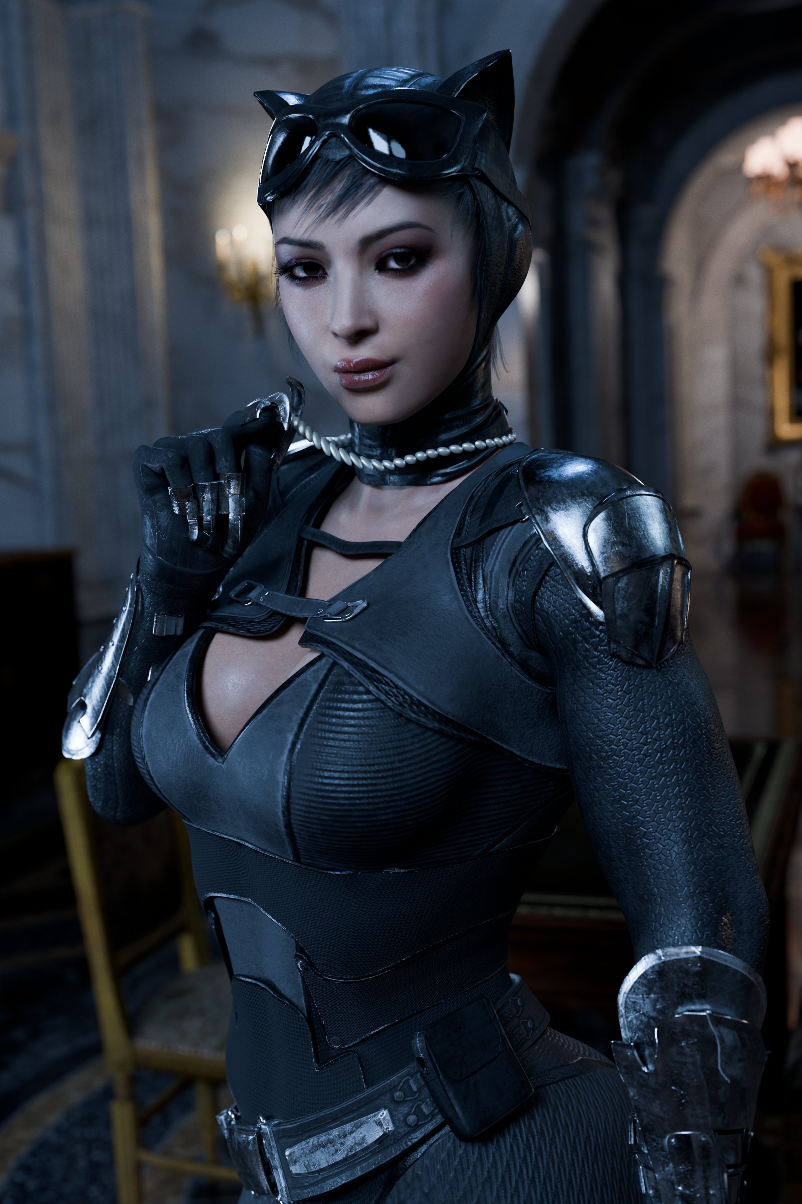 1girls, 2:3, 3d, 3d (artwork), ada wong, ada wong (adriana), batman (series), black bodysuit, black gloves, black hair, blender, bodysuit, cat ears, catsuit, catwoman (cosplay), cosplay, dc, dc comics, female, female only, gloves, injustice 2, light skin, light-skinned female, looking at viewer, pale skin, pale-skinned female, resident evil, resident evil 2, resident evil 2 remake, resident evil 4, resident evil 4 remake, rigid3d (model), short hair, solo, solo female, veebunnyears