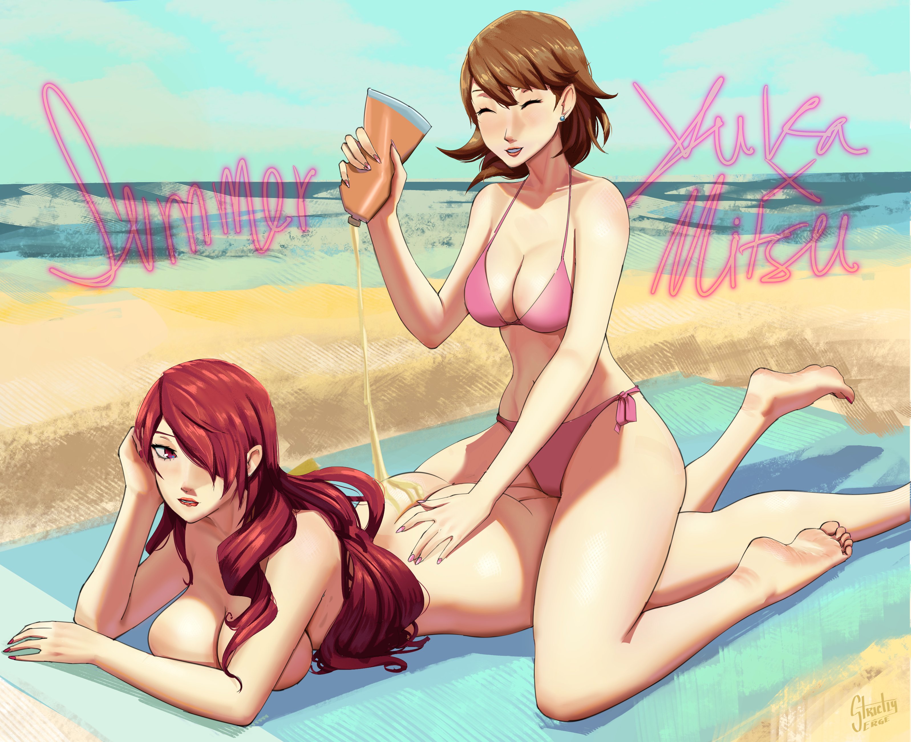 2girls, applying sunscreen, artist logo, artist name, artist signature, ass, atlus, barefoot, beach, beach towel, bikini, blue sky, breasts, brown hair, casual, casual exposure, casual nudity, cfnf, closed eyes, clothed female, clothed female nude female, completely naked, completely naked female, completely nude, completely nude female, duo, duo female, duo focus, eyes, feet, female, female focus, female only, hair, hair over one eye, hand on another's ass, megami tensei, mitsuru kirijo, naked, naked female, nonchalant, nude, nude female, ocean, on stomach, only one naked, outdoor nudity, outdoors, outside, outside nudity, persona, persona 3, pubic hair, public exposure, public indecency, public nudity, red eyes, red hair, sand, sega, sky, smile, soles, soles female, strictlyserge, summer, sunscreen, swimsuit, toes, yukari takeba