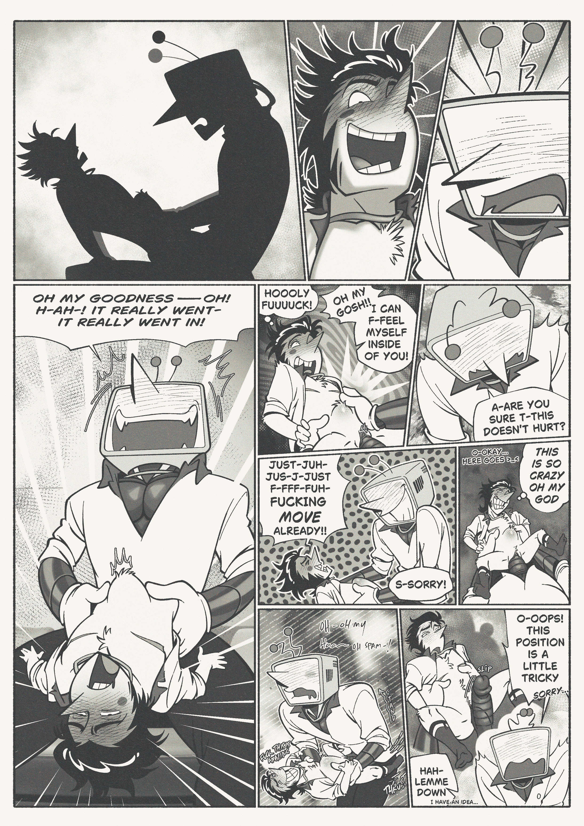 2boys, 7miles, big penis, comic, comic page, cuntboy, cuntboy/male, deltarune, deltarune chapter 3, duo, duo focus, english dialogue, english text, gay, gay sex, intersex, male, male only, penis, pussy, size difference, size play, smaller penetrated, spamton g spamton, tenna (deltarune), text bubble, transman, transmasc, vagina, vaginal penetration, yaoi