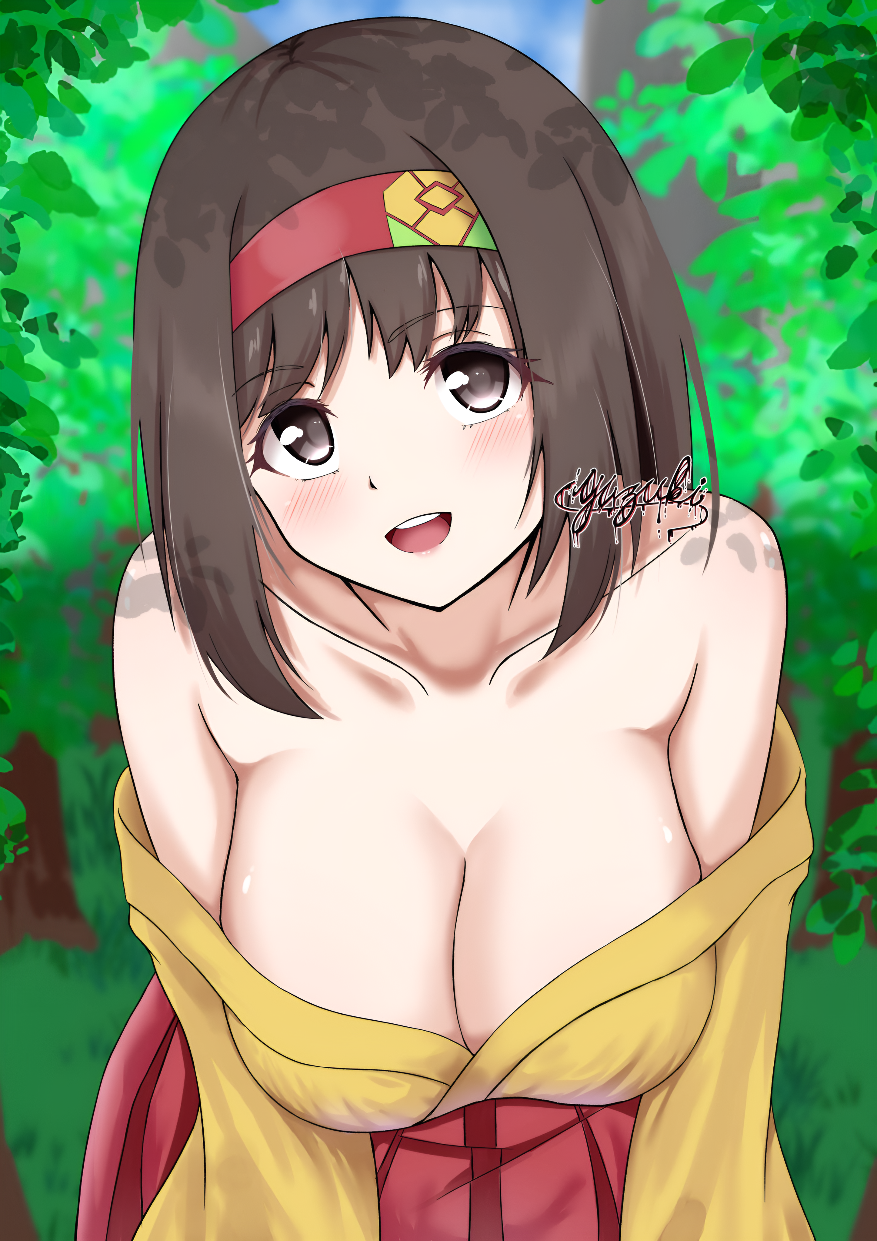 black eyes, black hair, breasts, cleavage, erika (pokemon), female, forest, gym leader, headband, kimono, large breasts, looking at viewer, pokemon, pokemon rgby, smiling at viewer