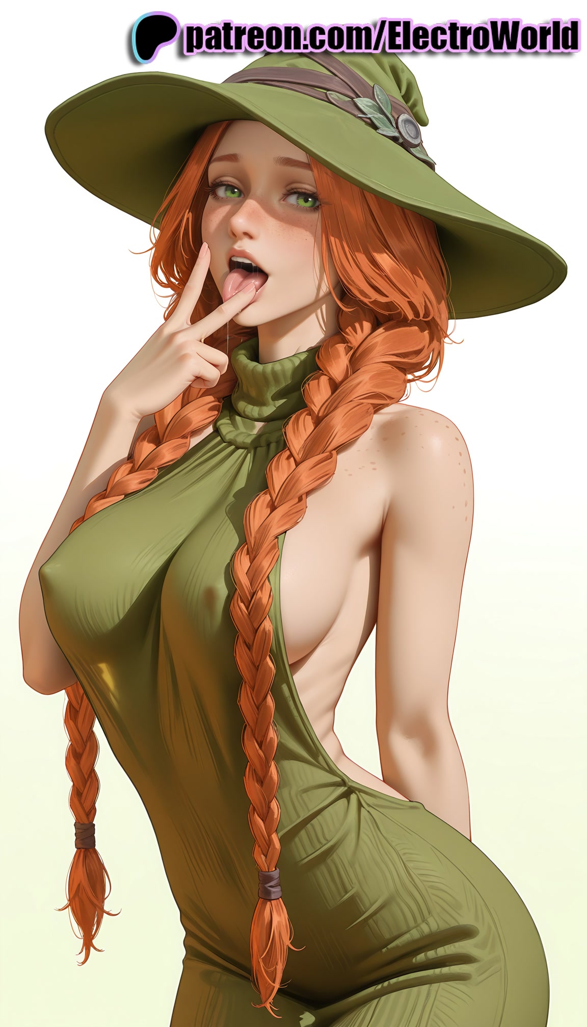 1girls, 2025, ai generated, artist name, braid, breasts, bust, chest, covered nipples, electroworld, female, green dress, green eyes, green headwear, harry potter, hat, hi res, high quality, high resolution, highres, hogwarts legacy, long hair, looking at viewer, mirabel garlick, patreon, patreon username, solo, stable diffusion, tongue, tongue out, twin braids, watermark, witch hat