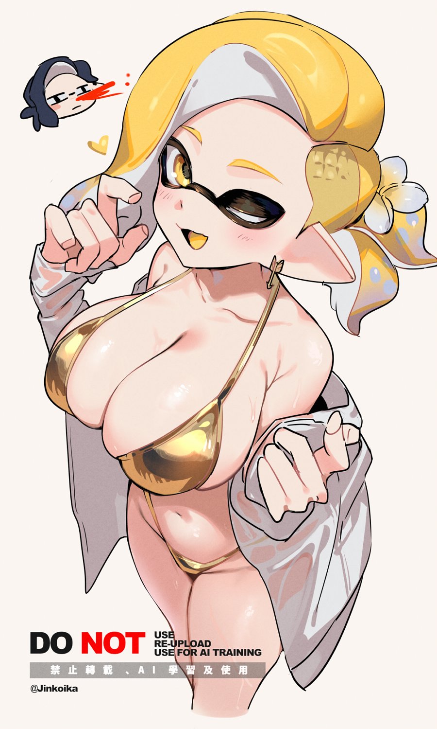 breasts cleavage gold_bikini inkling inkling_girl jinkoika nosebleed offscreen_character splatoon splatoon_3 stripping twitter_link twitter_username undressing winking_at_viewer