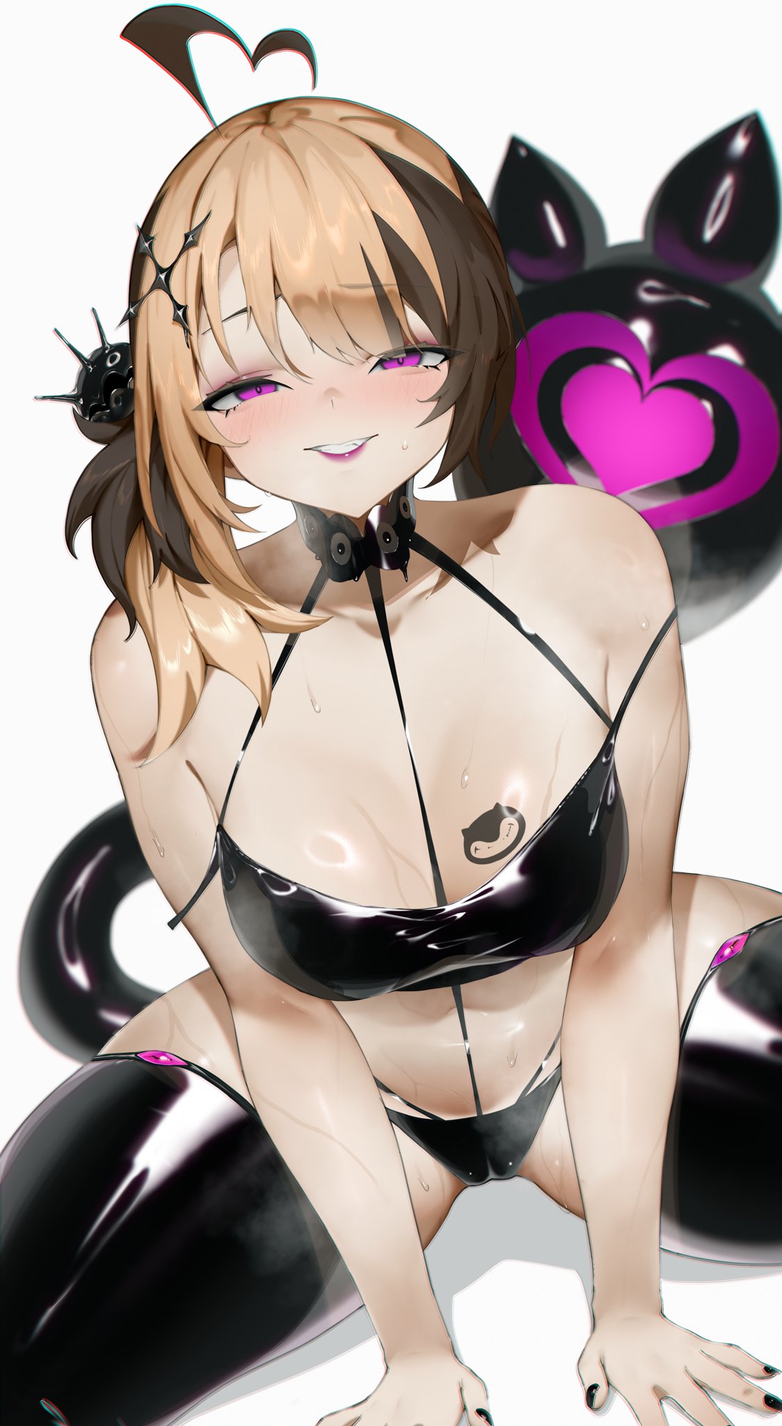 1girls, 2d, bdsm harness, bdsm outfit, belly button, blonde hair, blush, breasts, brown hair, corrupted, corruption, enemy conversion, female, gigi murin, hair ornament, hands on floor, heart, heart symbol, highres, hololive, hololive english, hololive english -advent-, hololive english -justice-, ink, knees apart feet apart, knees on floor, large breasts, lipstick, multicolored hair, panties, purple eyes, rieko, shiori novella, smile, smiling at viewer, smirk, steam, steaming body, tagme, tail, tattoo on chest, thick thighs, thighhighs, tummy, virtual youtuber