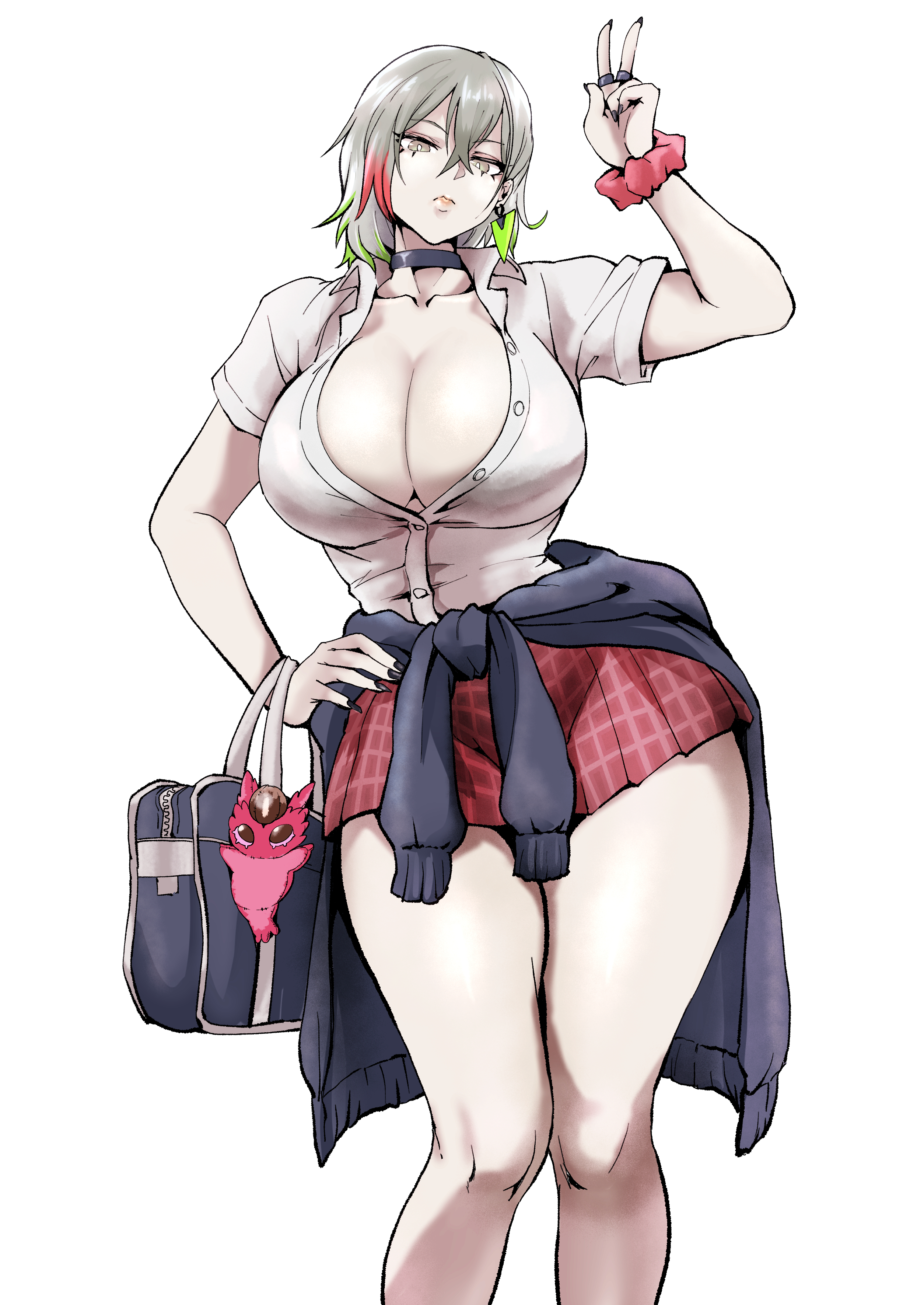 1girls, alternate breast size, astellar diabellstar (sinful spoils), bag, big breasts, black nails, breasts, breasts bigger than head, choker, comic hand, diabellstar the black witch, earrings, female, female only, green highlights, grey eyes, gyaru, hand on hip, hips, huge breasts, konami, large breasts, looking at viewer, mostly clothed, no bra, open shirt, pale skin, pale-skinned female, peace sign, plushie, poplar (sinful spoils), pout, red highlights, ring, school uniform, scrunchie, sharp nails, shoulder length hair, sinful spoils (yu-gi-oh!), skirt, snake eyes poplar, sweater around waist, tagme, thick thighs, thighs, tight clothing, white background, white hair, wide hips, yu-gi-oh!