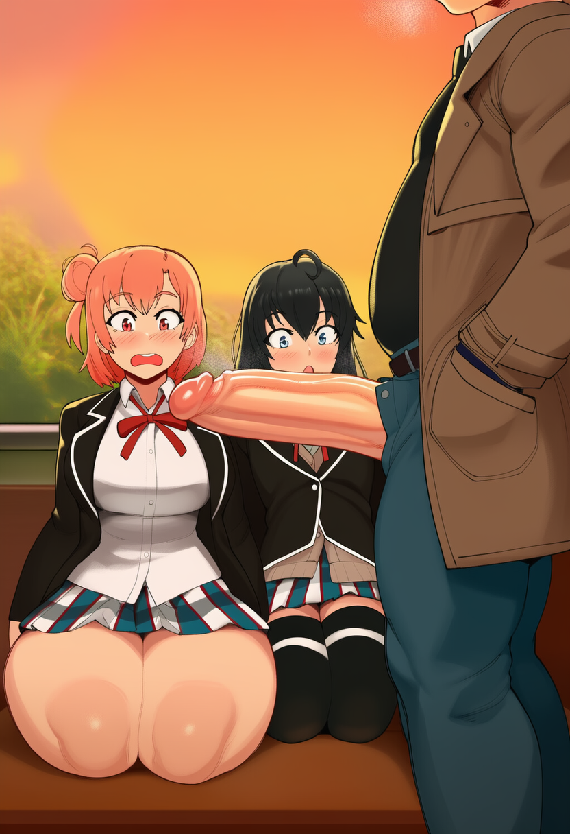 1boy, 2girls, ai generated, big penis, black hair, cheating, cheating girlfriend, female, huge cock, large breasts, large penis, looking at penis, male, my teen romantic comedy snafu, on knees, orange hair, overweight, penis, penis awe, yuigahama yui, yukinoshita yukino, zaimokuza yoshiteru