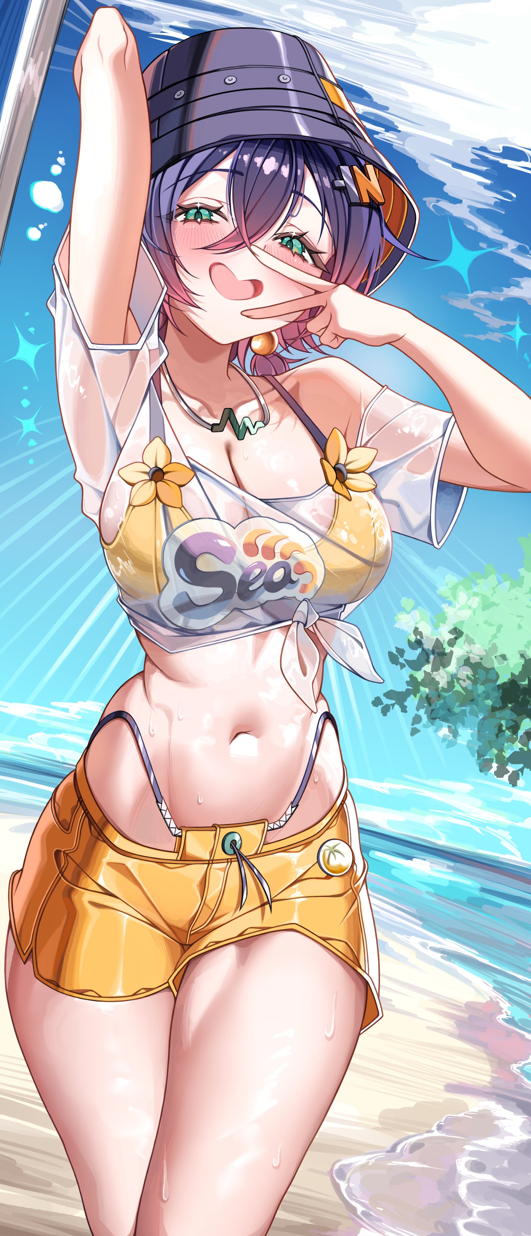 1girls, absurdres, aqua eyes, arm up, beach, belle (summer skies) (zenless zone zero), belle (zenless zone zero), bikini, bikini top under shirt, black hat, blue hair, blush, breasts, bucket hat, cleavage, collarbone, crossed bangs, day, female, female only, hair between eyes, hair ornament, hat, heart-shaped mouth, highres, large breasts, letter hair ornament, looking at viewer, low twintails, marck (marck1703), navel, official alternate costume, official alternate hairstyle, open mouth, outdoors, see-through clothes, see-through shirt, shirt, short hair, short shorts, short twintails, shorts, smile, solo, stomach, sweat, swimsuit, thighs, tied shirt, twintails, v, white shirt, yellow bikini, yellow shorts, zenless zone zero