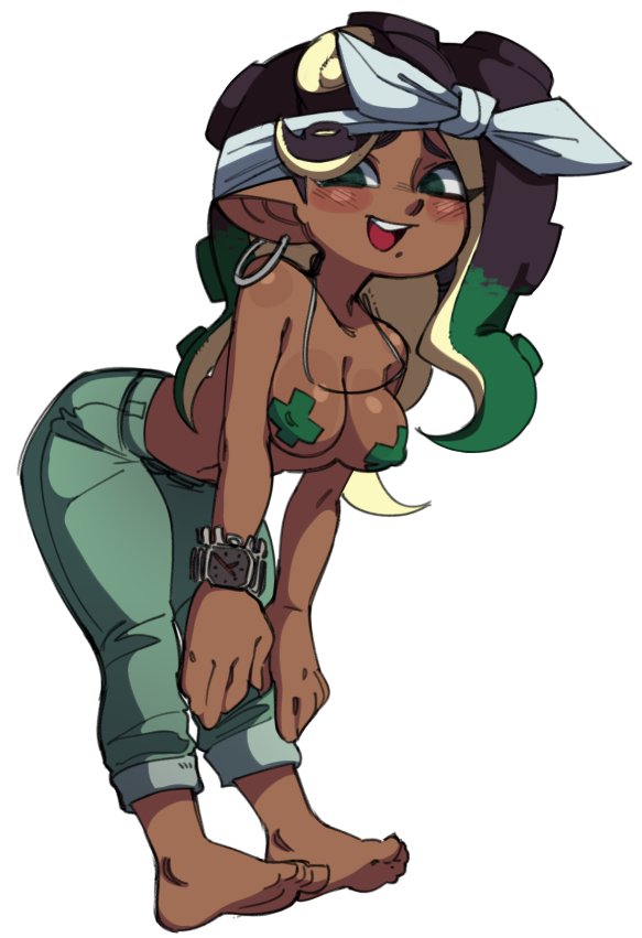 1girls, adorable, adorable face, barefoot, beauty mark, blush, breasts, color edit, colored, dark skin, dark-skinned female, feet, female, hair ornament, looking at viewer, marina (splatoon), medium breasts, nintendo, octoling, octoling girl, open mouth, smile, solo, solo female, solo focus, splatoon, splatoon (series), splatoon 2, sticker on breast, stickers on body, streetwear, tentacle hair, wamudraws