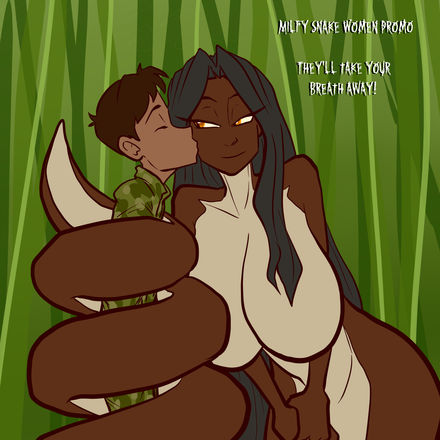 1boy, 1boy1girl, 1girls, anthro, ass, big ass, big breasts, breasts, brown body, brown skin, brown-skinned female, curvaceous, curvy, curvy figure, dark skin, dark-skinned female, digital media (artwork), female, hips, hourglass figure, huge ass, huge breasts, jon freeman, lamia, large ass, large breasts, male, male/female, mature, mature female, naga, slim waist, snake, snake girl, snake humanoid, snake tail, straight, thick, thick hips, thighs, voluptuous, waist, wide hips