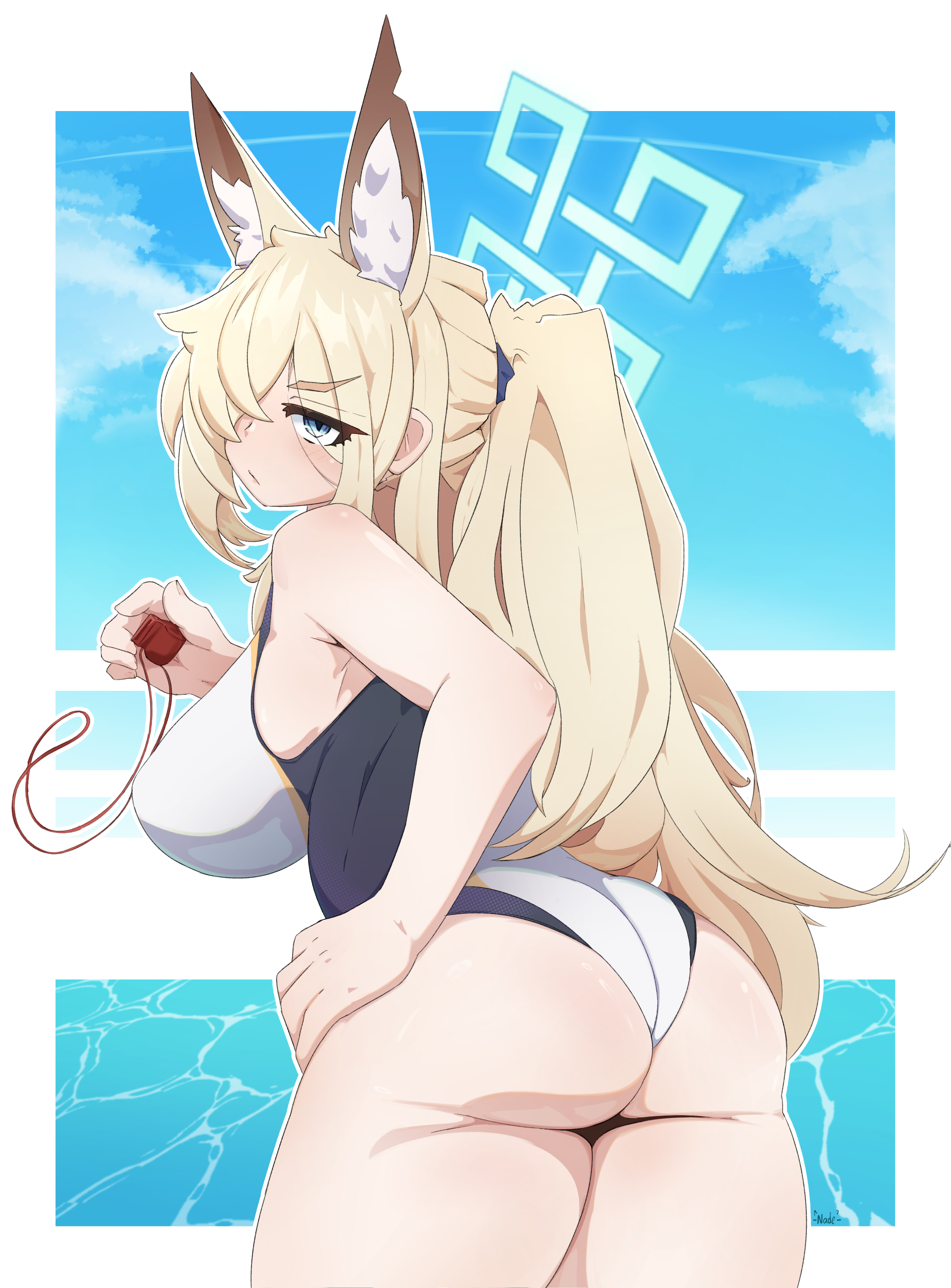 absurdres, animal ear fluff, animal ears, armband, ass, bare shoulders, blonde hair, blue archive, blue eyes, blue halo, blush, breasts, butt crack, casual one-piece swimsuit, commentary request, competition swimsuit, cross halo, dog ears, dog girl, female, from behind, hair ornament, hair over one eye, hairband, halo, hand on own hip, highleg, highleg one-piece swimsuit, highres, holding, holding whistle, impossible clothes, impossible swimsuit, kanna (blue archive), kanna (swimsuit) (blue archive), large breasts, long hair, looking at viewer, looking back, multi ear, multicolored swimsuit, nade arts, notched ear, off shoulder, one-piece swimsuit, ponytail, side-tie swimsuit, signature, simple background, solo, swimsuit, thick thighs, thighhighs, thighs, two-tone one-piece swimsuit, whistle, white background, white one-piece swimsuit, wide hips