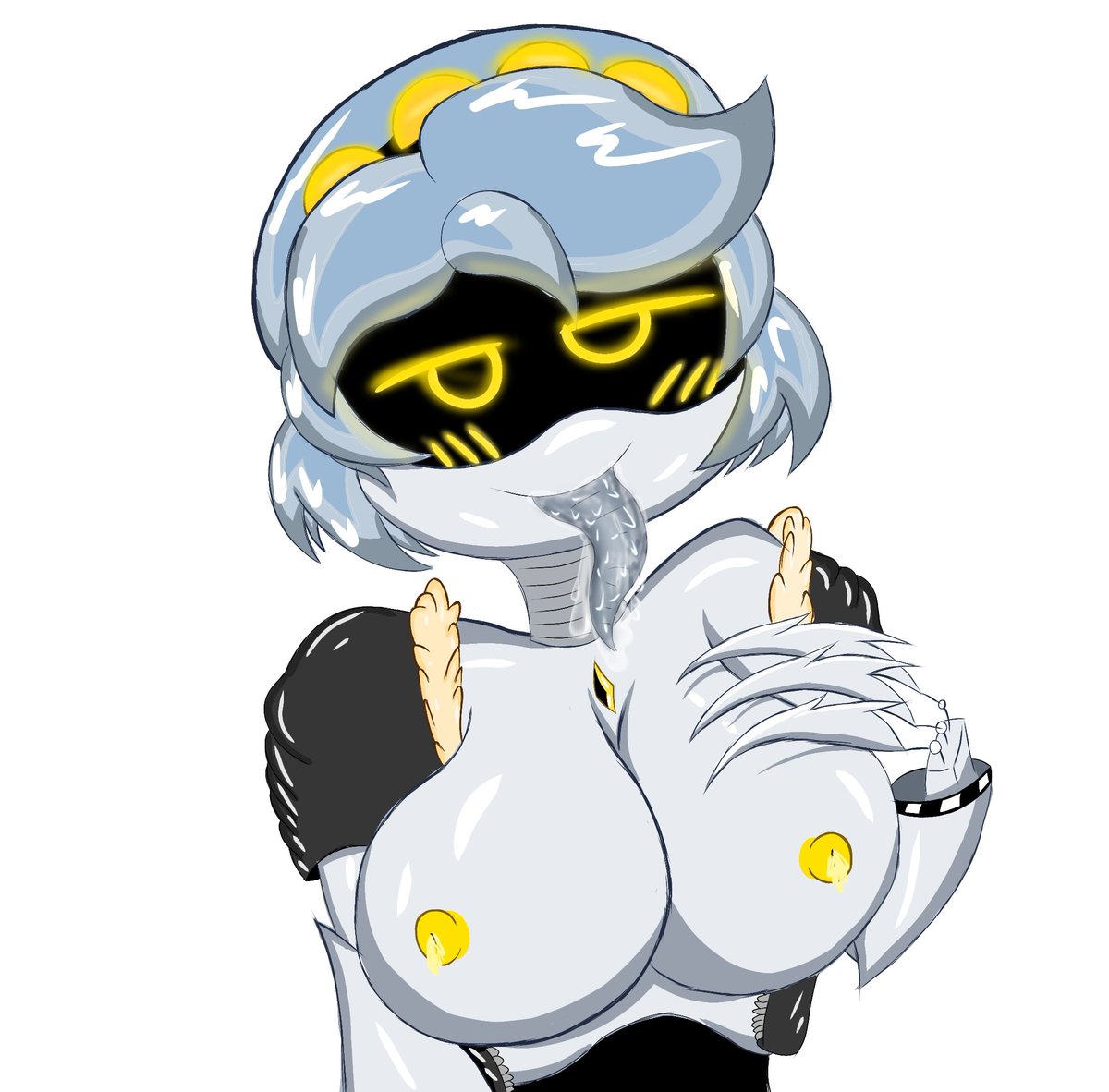 1girls, big breasts, breasts, breasts exposed, breasts out, exposed breasts, female, female focus, female only, glitch productions, murder drones, robot, screen face, tagme, tongue, tongue out, unzipped jacket, v (murder drones), yellow areola, yellow eyes, yellow eyes female, yellow nipples