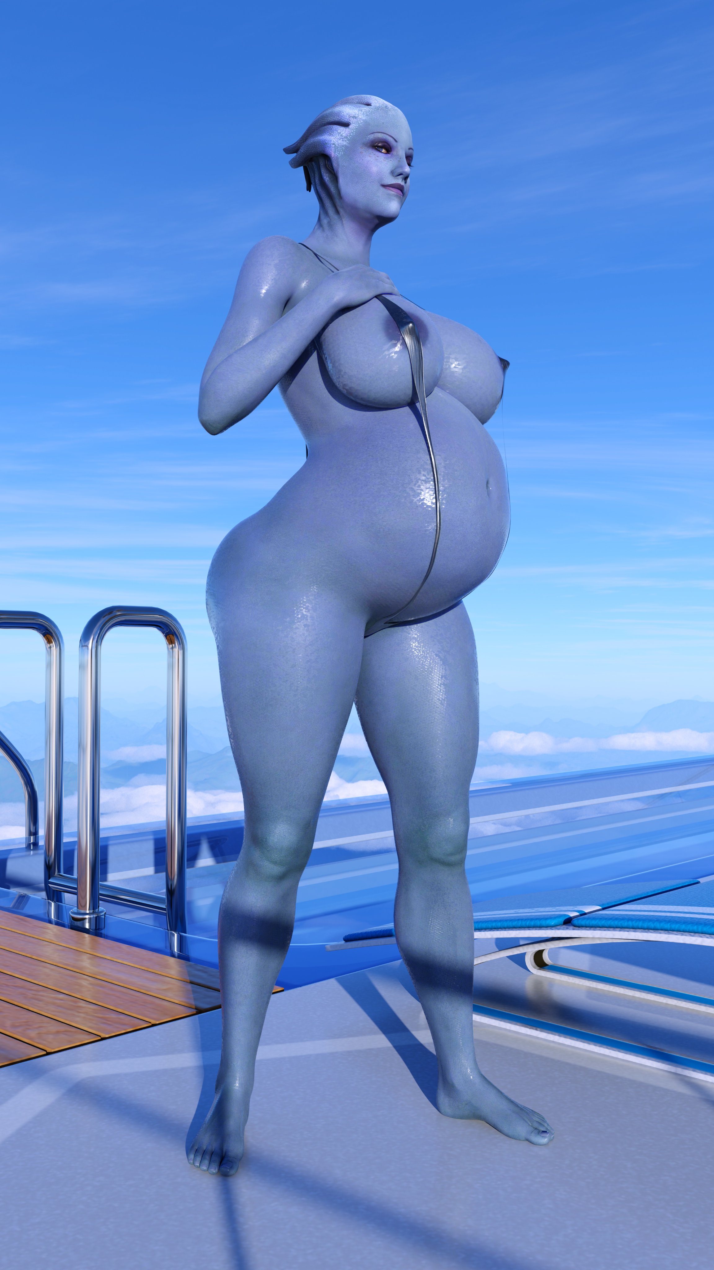 1girls, 2023, 3d, abs, alien girl, asari, bare shoulders, bikini, blue body, blue skin, blue sky, bottomless, breasts, clothed, clothed female, clouds, female, female only, fit, fit female, guidugalle, guimontag, lactation, liara t'soni, mass effect, nipples, pregnant, pregnant belly, pregnant female, pussy, scales, sci-fi, sling bikini, solo, solo female, summer