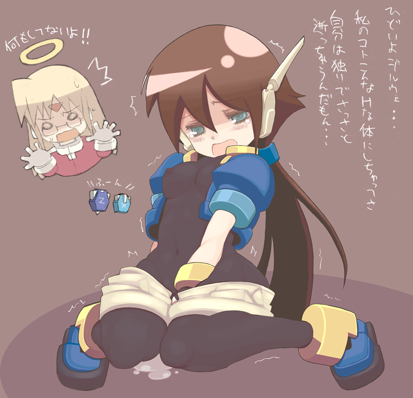 aile blue_eyes blush bodysuit brown_hair girouette glasses kannagi_kaname long_hair masturbation mega_man mega_man_zx_advent ponytail pussy_juice tears text tied_hair translated trembling wings