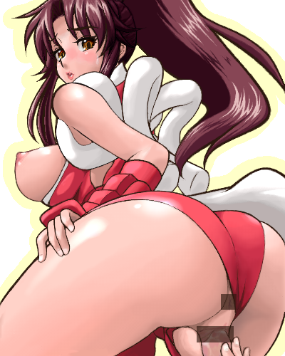 blush breasts brown_eyes brown_hair censored female fjym2 human king_of_fighters lowres mai_shiranui nipples sex sideboob snk tears