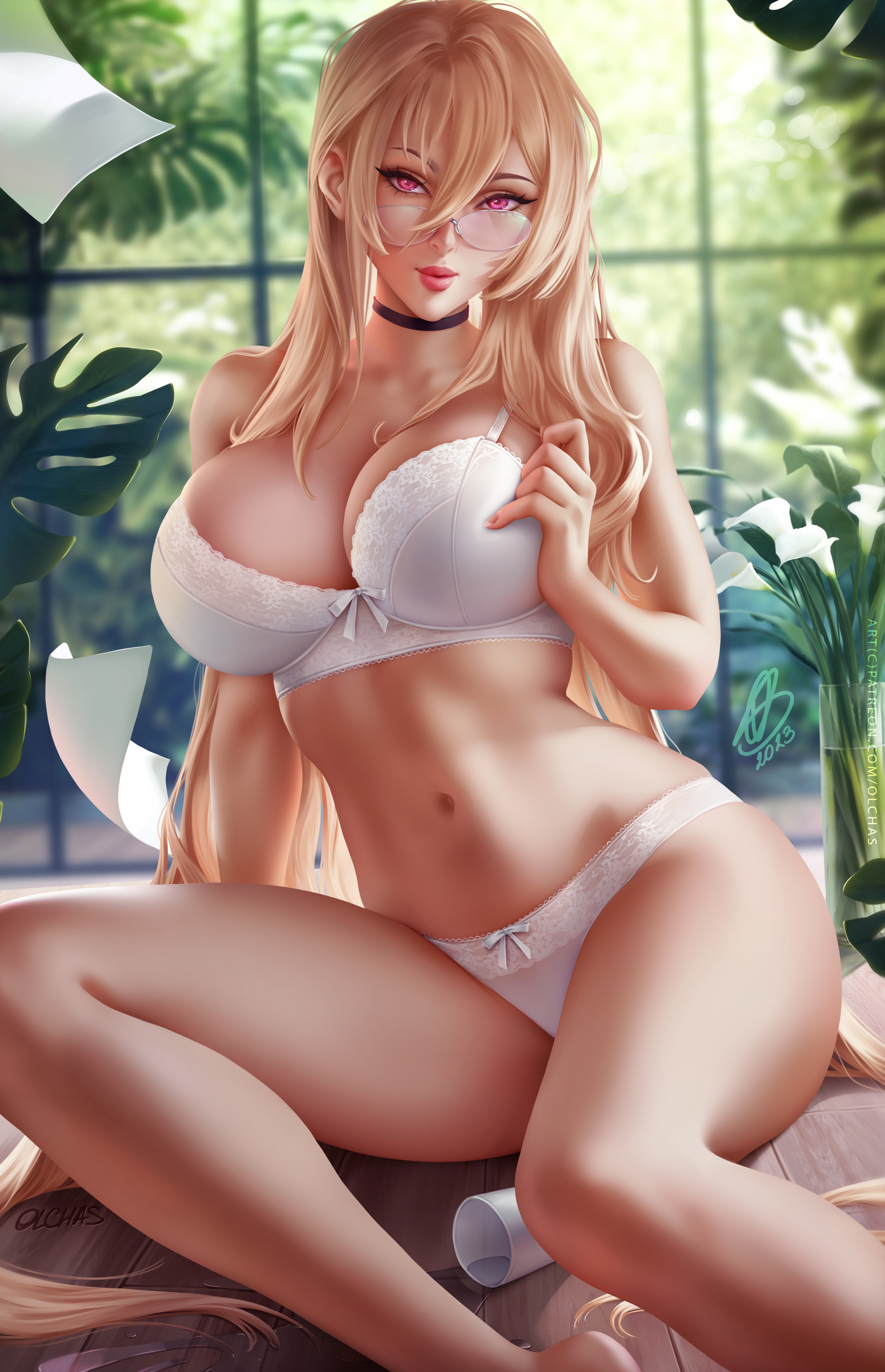 artist name, azur lane, bare shoulders, black choker, blonde hair, bow, bra, breasts, cg, choker, cleavage, cup, female, glasses, hair between eyes, implacable (azur lane), implacable (shepherd of the "lost") (azur lane), indoors, large breasts, lips, long hair, looking at viewer, navel, olchas, panties, paper, parted lips, pink eyes, round eyewear, signature, sitting, solo, stomach, thighs, underwear, underwear only, very long hair, white bra, white panties, window