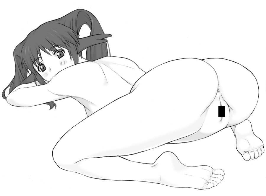 all_fours anus barefoot censored feet female long_hair looking_back monochrome nude pussy shichimenchou simple_background soles solo solty_rei solty_revant toes top-down_bottom-up