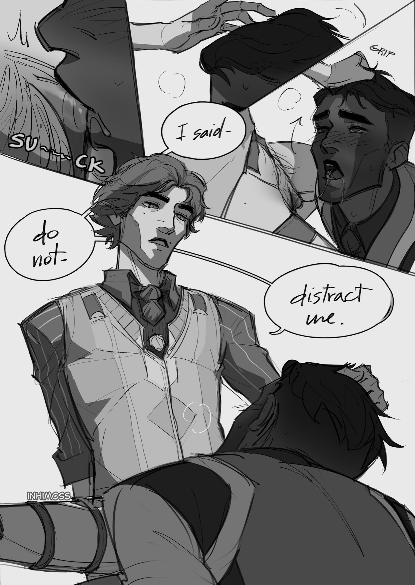 1boy, 1cuntboy, blush, clitoris, cunnilingus, cuntboy, dark skin, dark-skinned male, dialogue, dominant cuntboy, drooling, gay, grabbing, hair pull, hair pulling, inhimoss, intersex, jayce talis, jayvik, league of legends, light skin, light-skinned male, male, male only, male/male, pussy, saliva trail, submissive male, sucking clitoris, under desk, under the table, viktor (league of legends), yaoi
