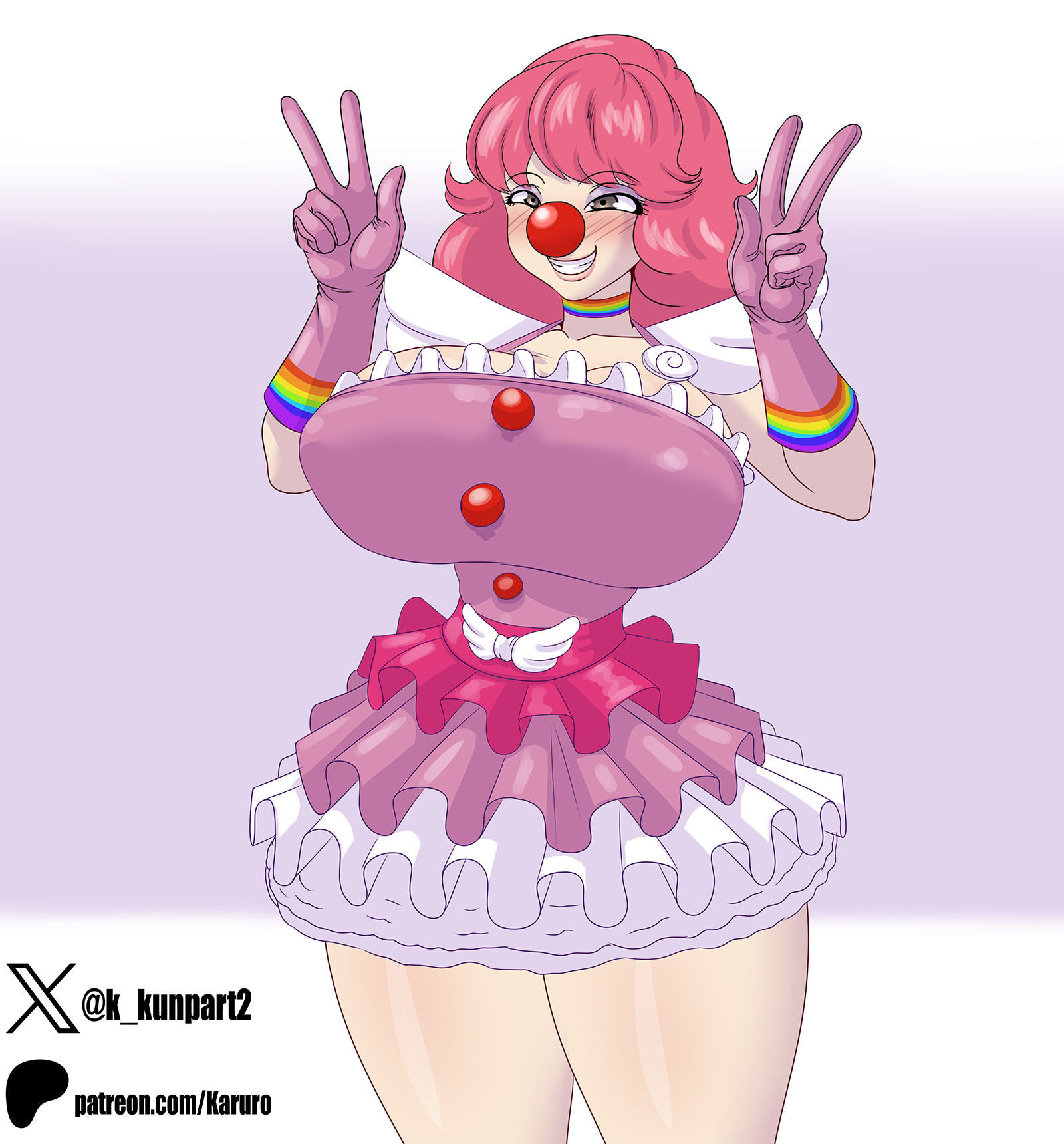 1girls, big breasts, breasts, brown eyes, cleavage, clown girl, clown nose, female, female only, geiru toneido, gloves, gyakuten saiban, hips, hourglass figure, huge breasts, human, human only, karuro-kun, large breasts, looking at viewer, pink hair, solo, solo female, thick, thick lips, thick thighs, thighs, v sign, wide hips