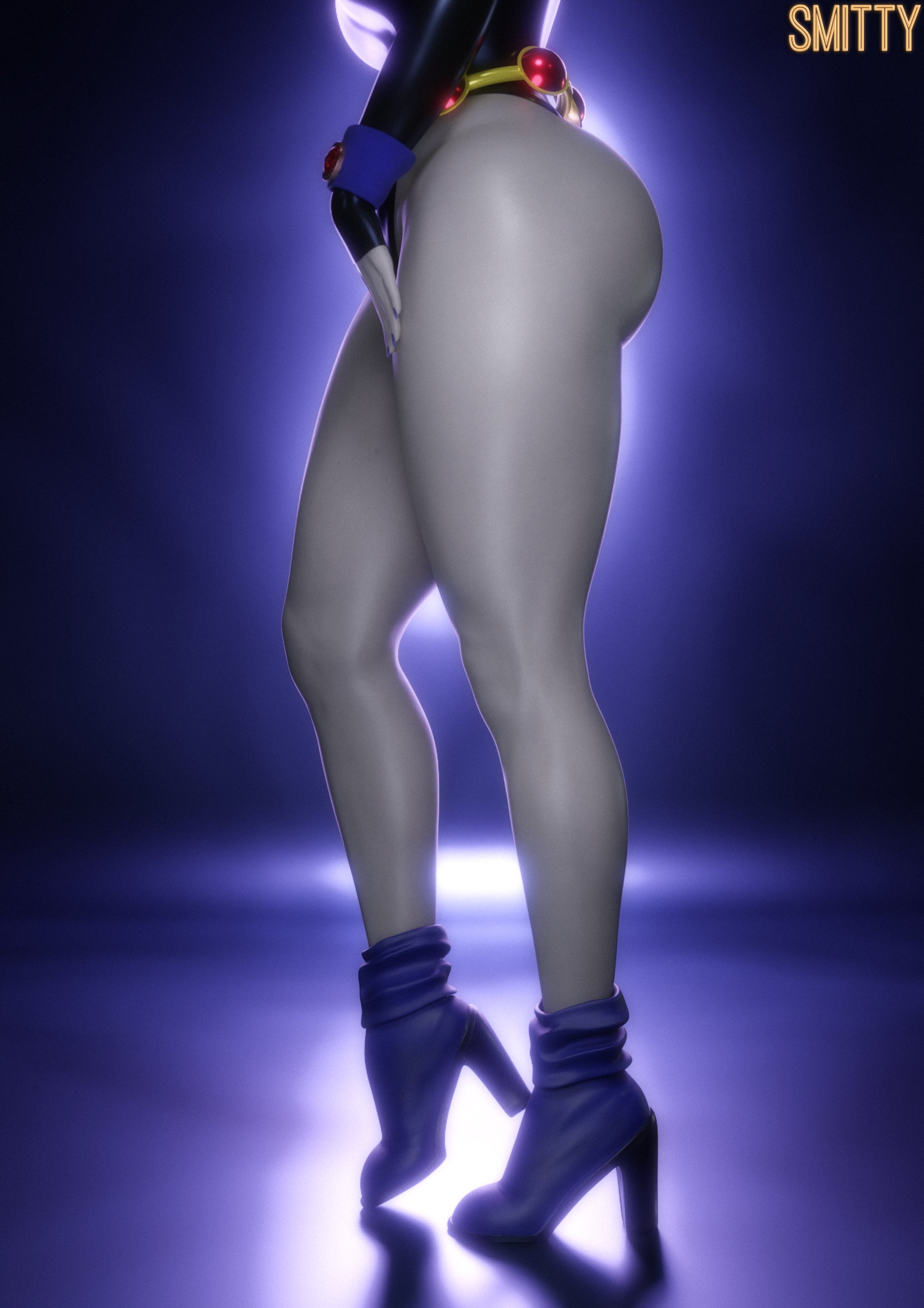 1girls, 3d, ass, breasts, dc, dc comics, female, female focus, female only, head out of frame, high heels, large ass, rachel roth, raven (dc), signature, smitty34, solo, teen titans, text, thick thighs, thighs, wide hips