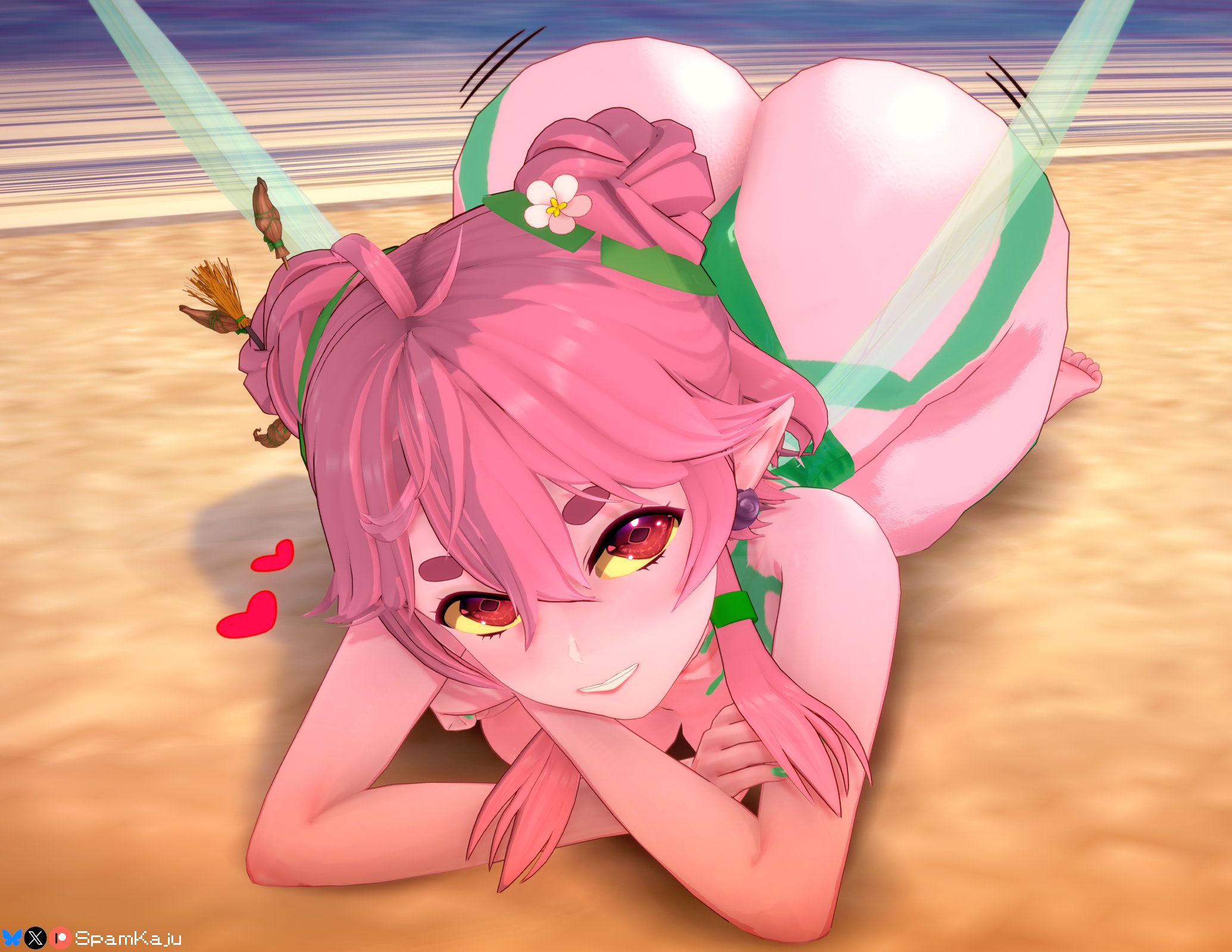 3d, ass, bouncing ass, fairy, fairy wings, feet, froggyloch, huge ass, jpeg, koikatsu, large ass, laying down, laying on stomach, looking at viewer, on beach, outdoors, pink hair, pink skin, posing, shaking ass, shaking butt, spamkaju, toes, twitch, virtual youtuber, vtuber
