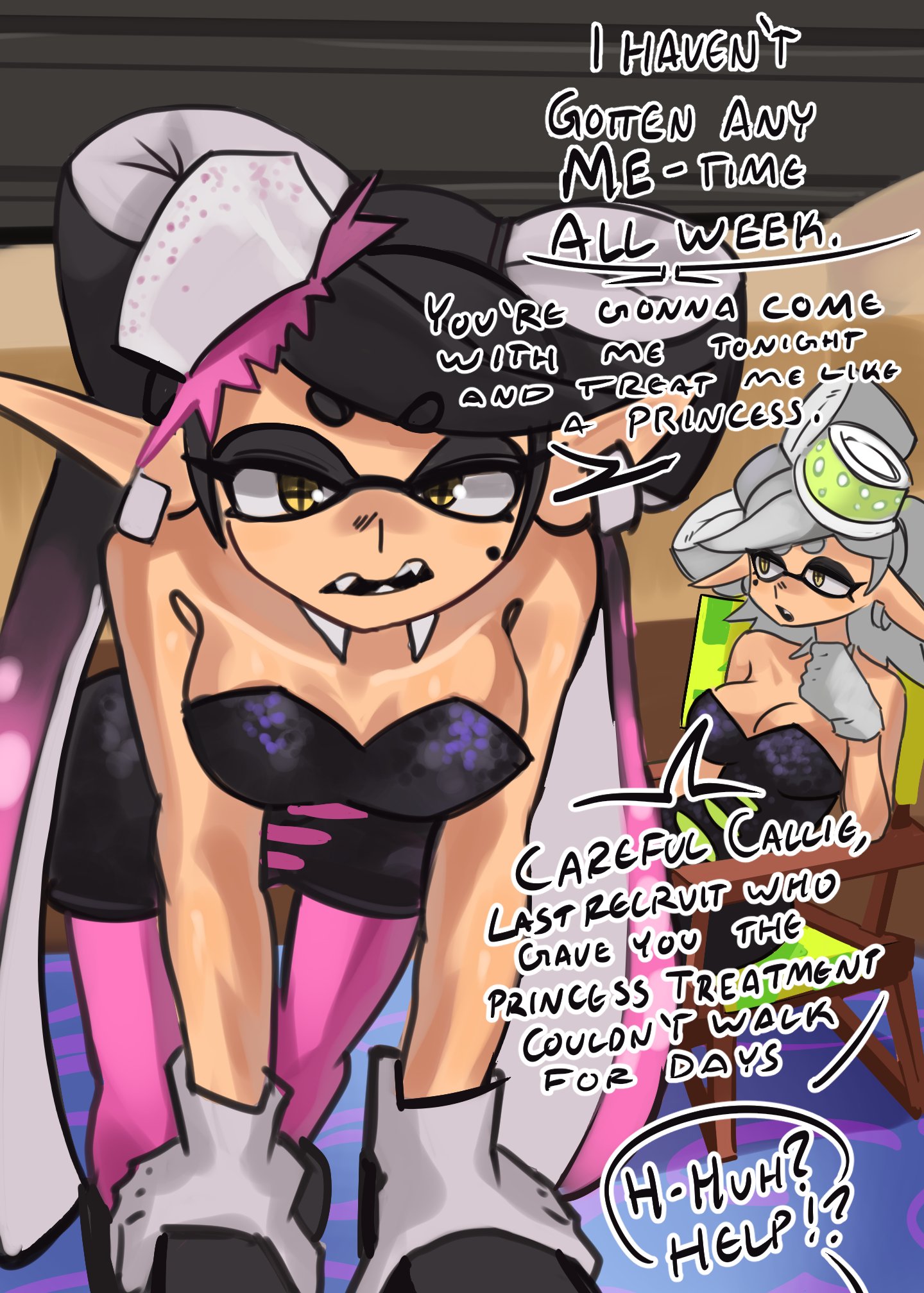 2girls, breasts, callie (splatoon), cleavage, clothed, detached collar, english text, female, gloves, imminent sex, large breasts, long hair, looking at viewer, marie (splatoon), mole, mole under eye, moxydraws, moxydrawsmore, nintendo, open mouth, splatoon, splatoon (series), squid sisters, tentacle hair, text, two-tone hair, white gloves