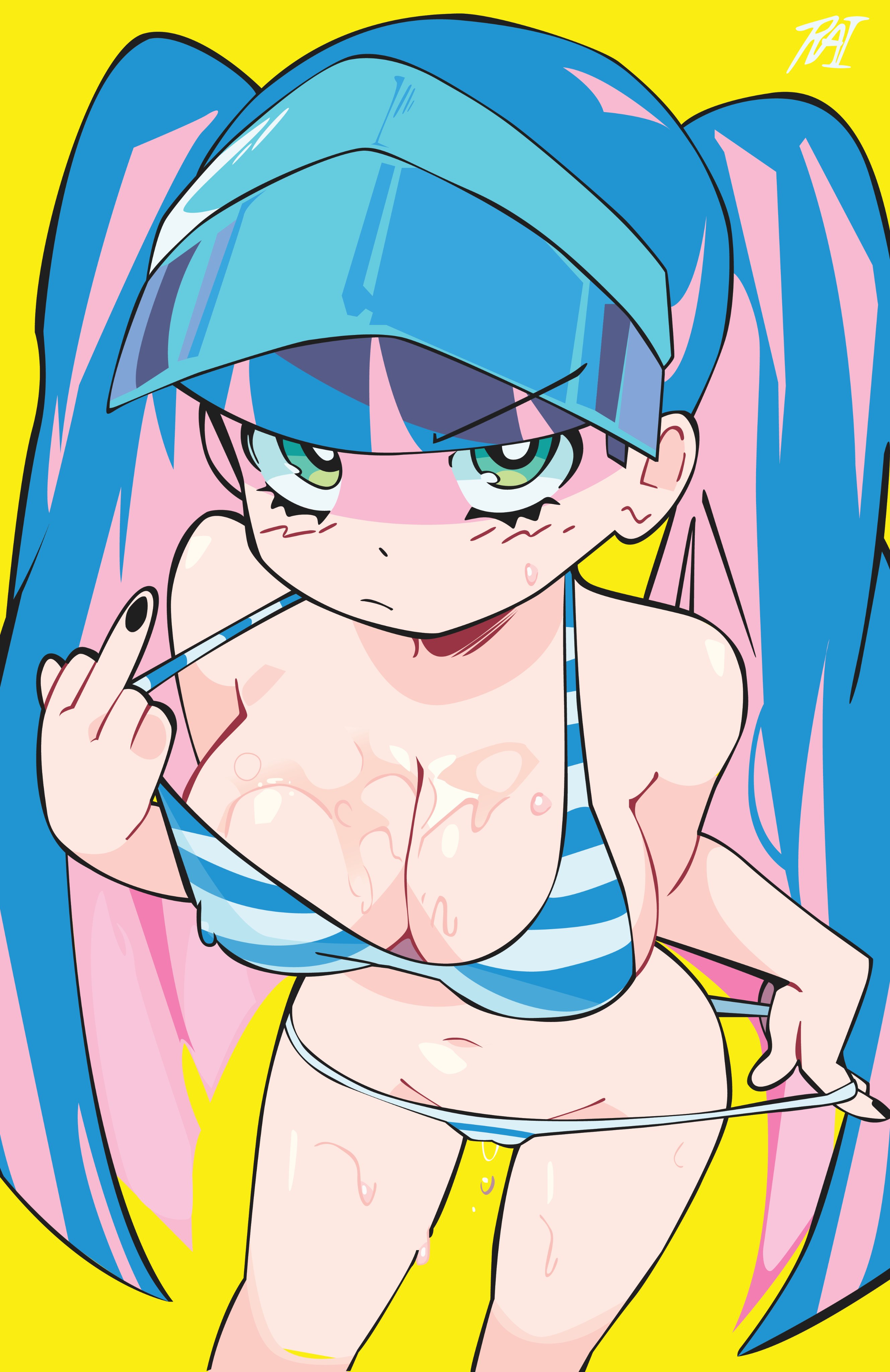 1girls, alternate hairstyle, aqua eyes, bare shoulders, bikini, bikini pull, black nails, blue bikini, blue hair, blue headwear, blunt bangs, blunt ends, blush, breasts, bright pupils, cleavage, closed mouth, clothes pull, clothing, colored inner hair, covered nipples, female, frown, green eyes, groin, large breasts, long hair, looking at viewer, middle finger, multicolored hair, nail polish, navel, panty & stocking with garterbelt, pink hair, pulled by self, solo, standing, stocking anarchy, streaked hair, striped, striped bikini, striped clothes, swimsuit, twintails, two-tone hair, v-shaped eyebrows, very long hair, visor cap, wet