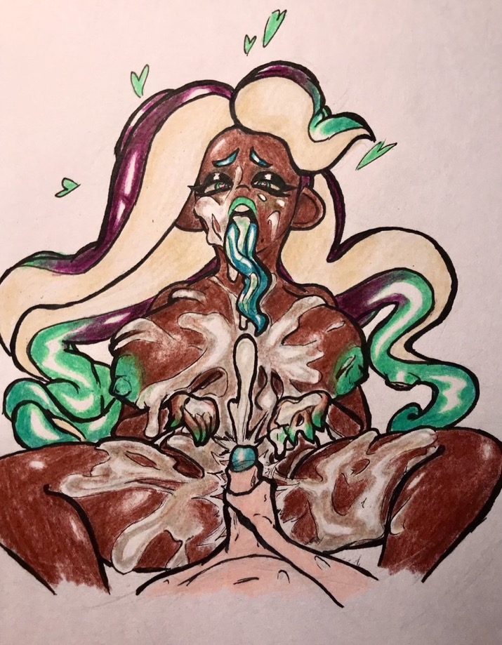 1boy, 1girls, 2d, 2d (artwork), ahe gao, breasts, colored pencil (artwork), cum, cum everywhere, cum on body, dark skin, dark-skinned female, ejaculation, female, happy, happy female, heart, heart-shaped pupils, huge breasts, light skin, light-skinned male, male, marina (splatoon), nintendo, oh gosh levi, splatoon, splatoon (series), splatoon 2, tentacle hair, two-tone hair