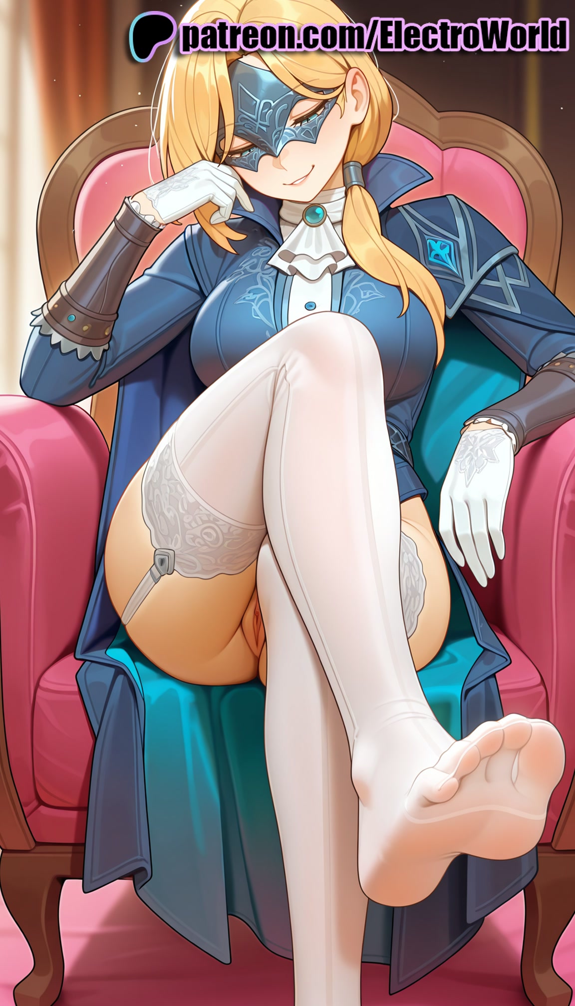 1girls, 2025, ai generated, armchair, artist name, blindfold, blonde hair, breasts, bust, chair, chest, clitoral hood, clitoris, crossed legs, duchess (nightreign), elden ring, elden ring nightreign, electroworld, exposed pussy, feet, feet fetish, female, foot fetish, foot focus, fromsoftware, garter straps, gloves, hi res, high quality, high resolution, highres, juicy pussy, mask, patreon, patreon username, pussy, sitting, smile, soles, solo, stable diffusion, thighhighs, tight pussy, toes, vagina, watermark, white gloves, white legwear