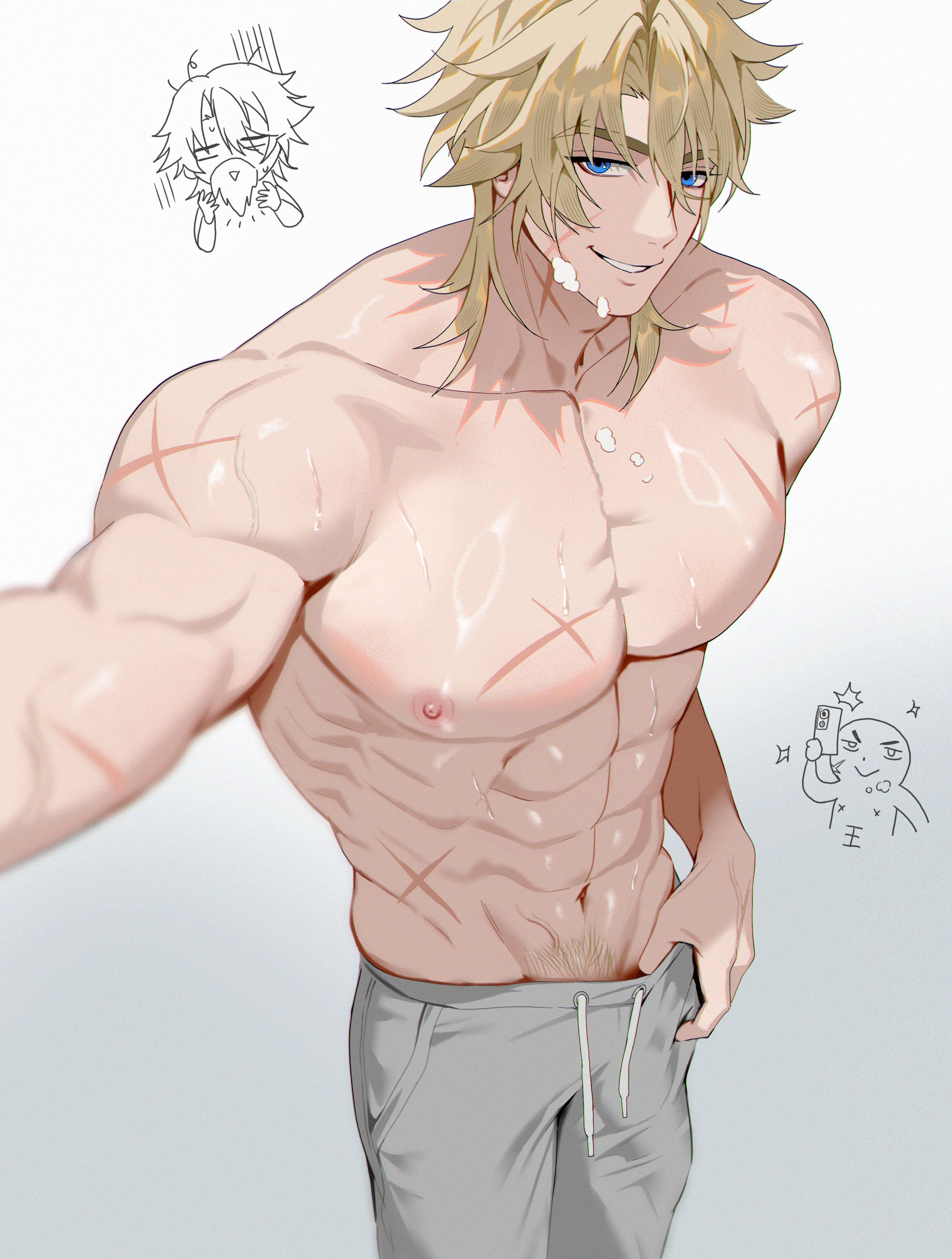 1boy, bara, gay, genshin impact, male, male focus, male only, muscular, muscular male, pubic hair, teasing, varka (genshin impact), yaoi, yoma 0 0