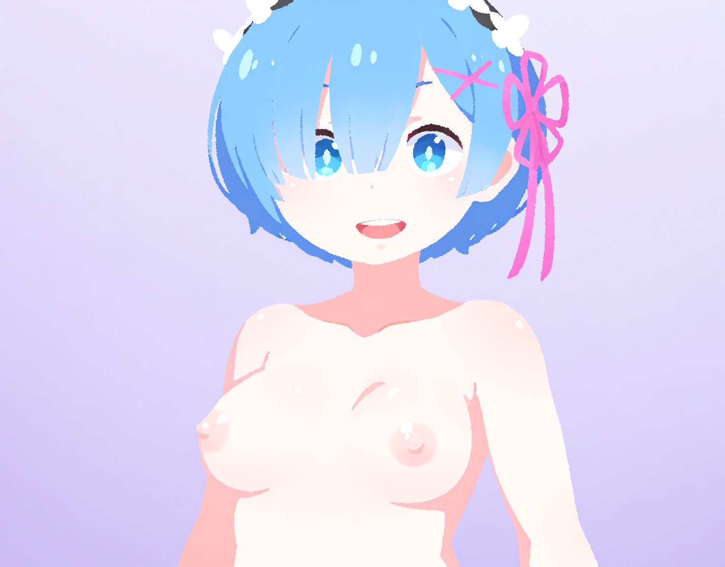 :d, ai assisted, ai generated, blue eyes, blue hair, breasts, bright pupils, collarbone, female, hair ornament, hair over one eye, hair ribbon, looking at viewer, maid headdress, medium breasts, nipples, nude, open mouth, pink ribbon, rawr69, re:zero kara hajimeru isekai seikatsu, rem (re:zero), ribbon, short hair, simple background, smile, solo, teeth, upper body, upper teeth only, white pupils, x hair ornament