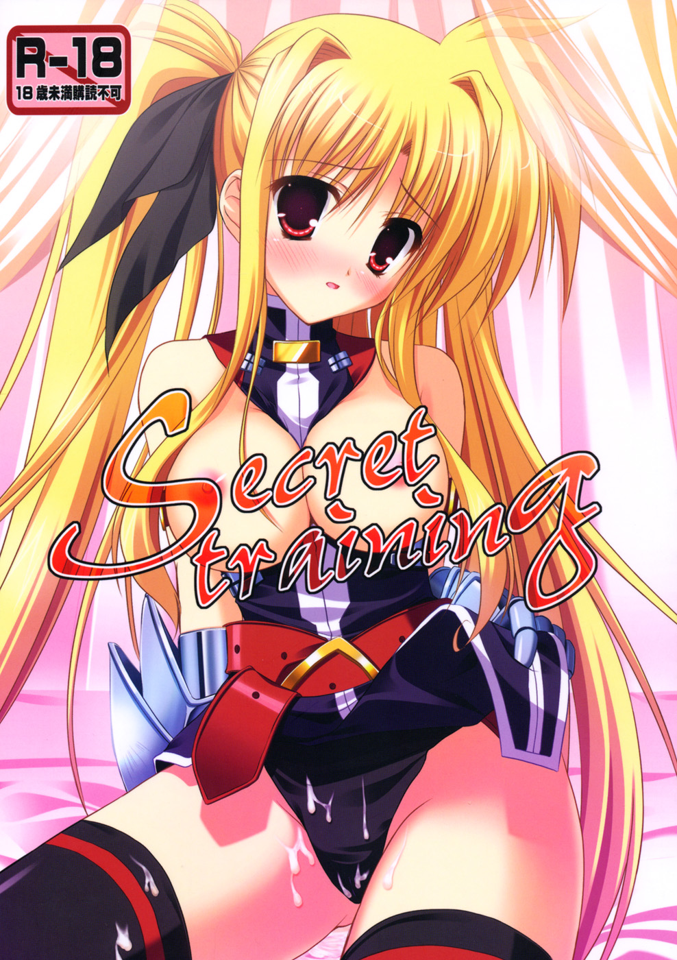 blush breasts cum endori fate_testarossa highres large_breasts long_hair lyrical_nanoha mahou_shoujo_lyrical_nanoha mahou_shoujo_lyrical_nanoha_strikers red_eyes thighhighs tied_hair twintails very_long_hair