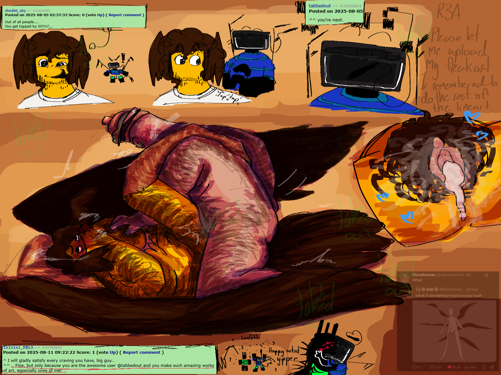 007n7, 007n7 (forsaken), 1boy, 1cuntboy, 2boys, artist signature, artist upload, body hair, chubby, chubby male, covering mouth, cum in pussy, cuntboy, cuntboy penetrated, cuntboy/male, dialogue, dialogue box, doodle, forsaken (roblox), gay, gay sex, groping chest, hairy male, hairy pussy, intersex, male, mating press, meme, pussy, pussy focus, roblox, roblox game, robloxian, rule 34 comment, self upload, shedletsky, shedletsky (forsaken), side view, tabbedout, twitter screenshot, vaginal, vaginal penetration, vaginal sex, wings, wings on head
