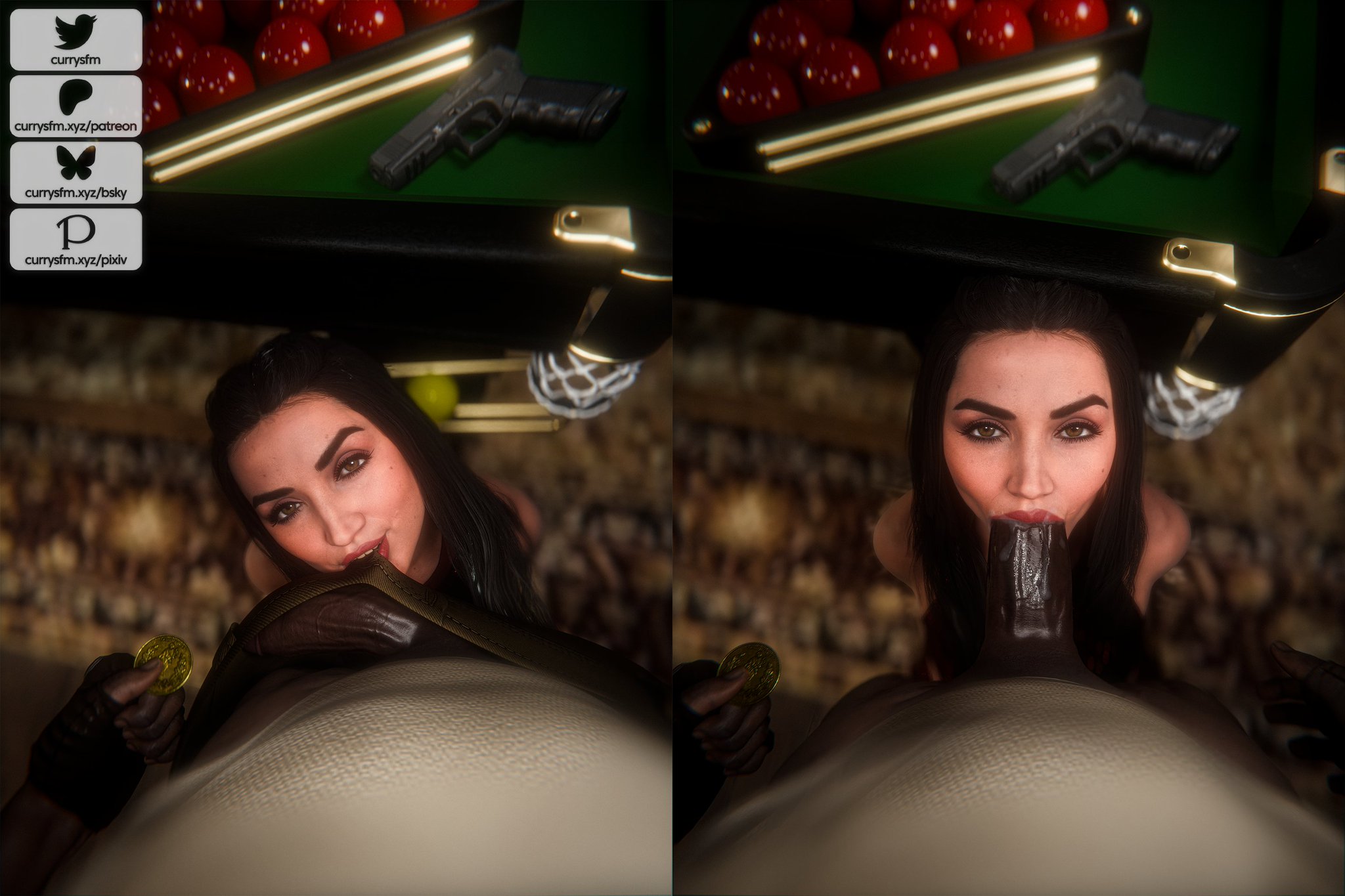 1boy, 1girls, 3d, 3d (artwork), actress, ana de armas, ballerina (film), ballerina (john wick), black hair, blowjob, call of duty, call of duty black ops 6, celebrity, cuban, cuban female, currysfm, dark hair, dark skin, dark-skinned male, erection, eve macarro, fellatio, female, interracial, john wick (series), latina, long hair, male, penis, prostitution, real person, sex, straight, tagme, teasing, teasing viewer, uncensored